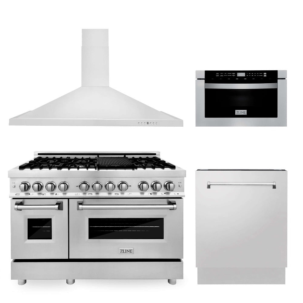 ZLINE 48 Inch Professional Kitchen Package - Stainless Steel Dual Fuel Range, Wall Mount Range Hood, Built-In Microwave Drawer & Tall Tub Dishwasher (4KP RARH48 MWDWV) | Perfect for Modern Home Chefs & Open Concept Kitchens