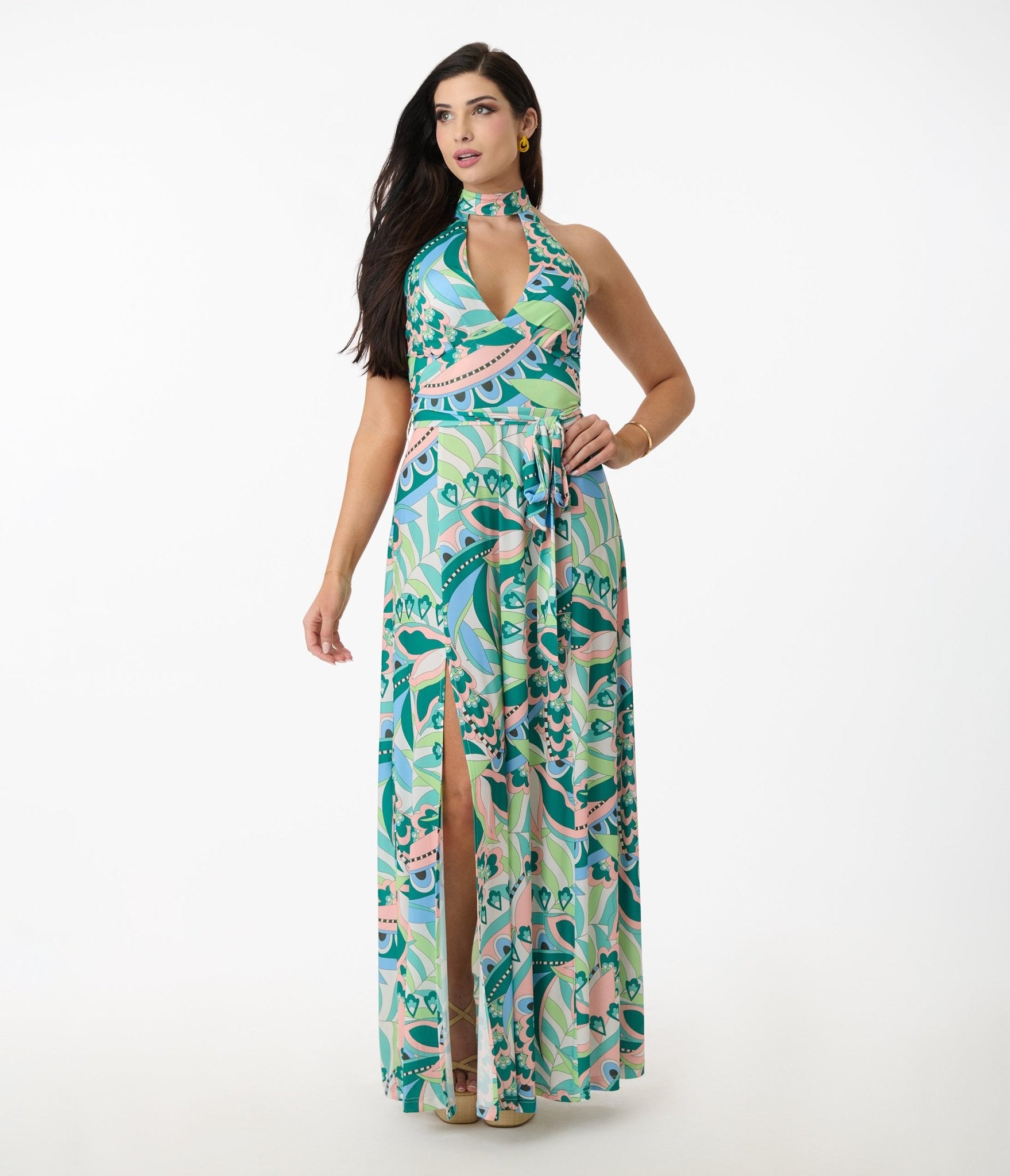 Stylish Smak Parlour Green Paisley Halter Maxi Dress for Women | Summer Boho Beach Wedding Party Outfit
