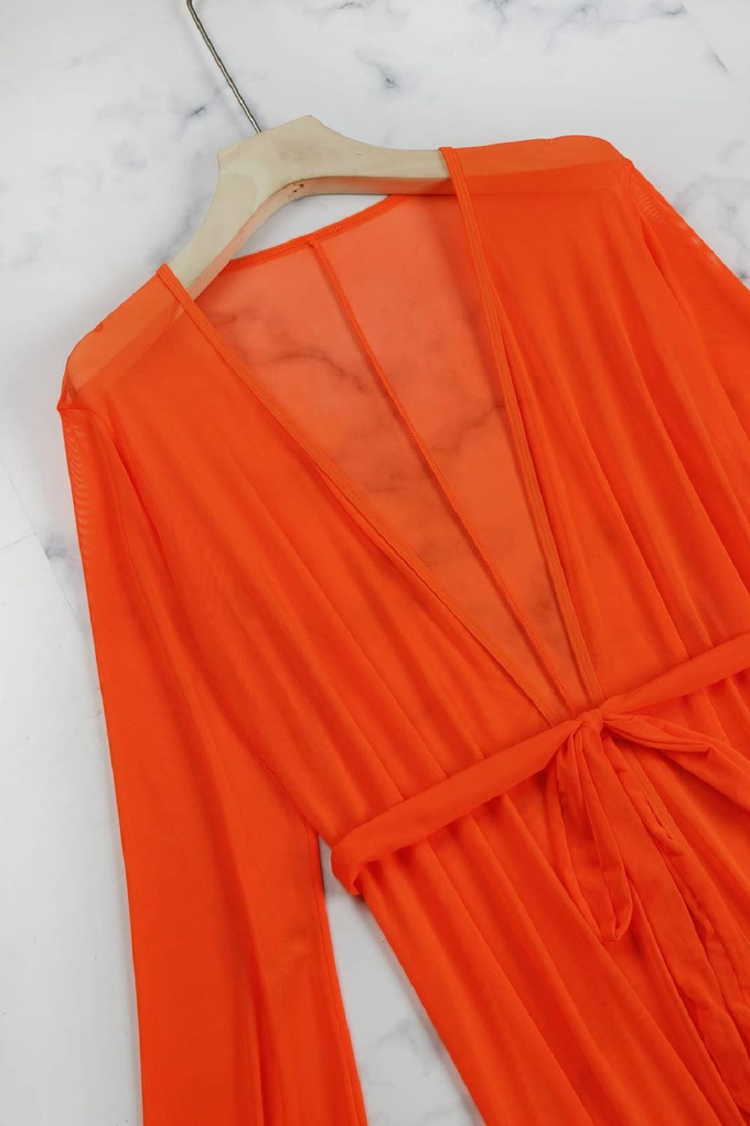 Sexy Mesh Long Sleeve Swim Cover Up Dress for Women - Tie Front Beach Maxi Dress - Perfect for Poolside, Beach Vacation & Summer Outings