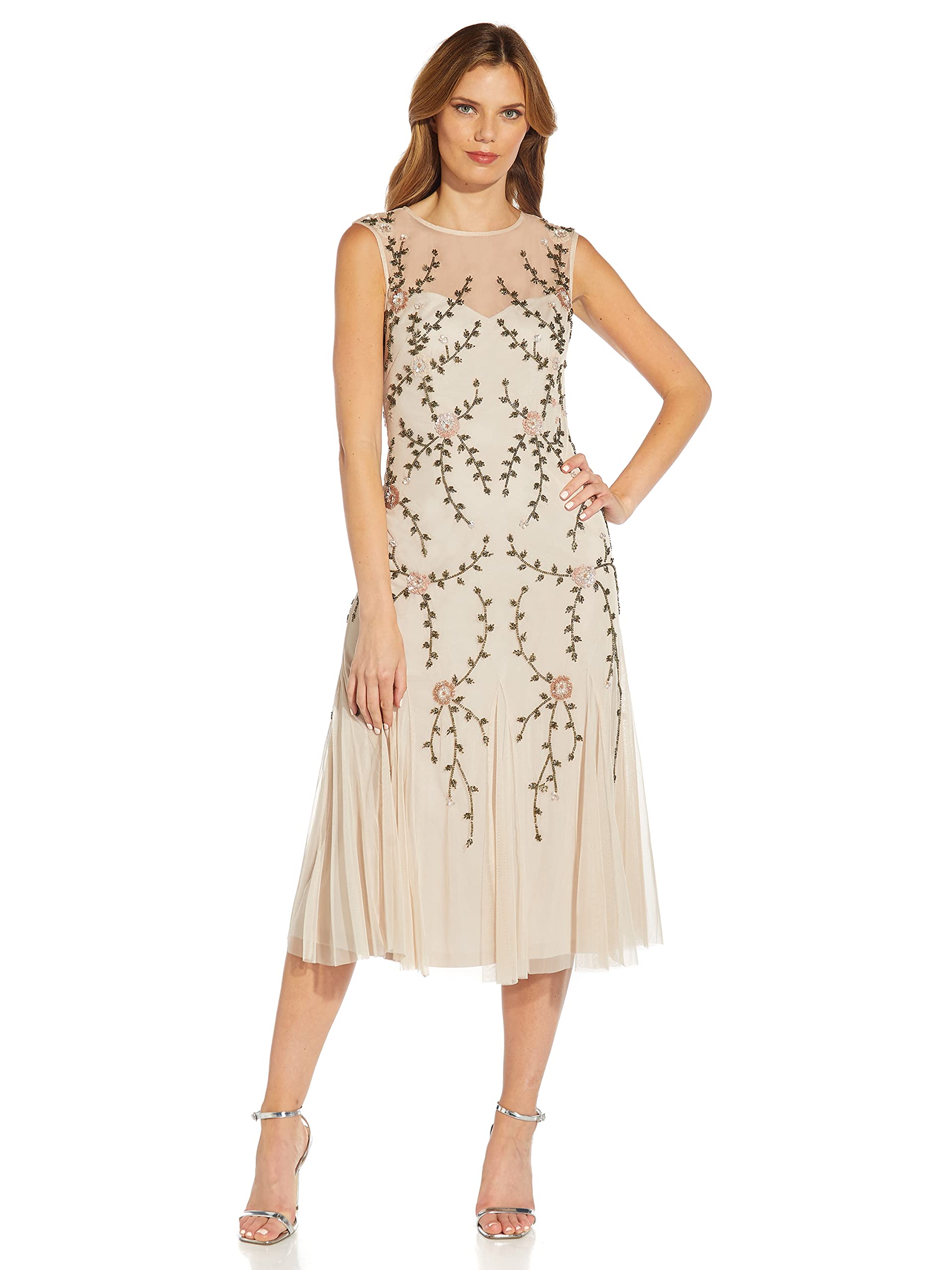 Adrianna Papell Women's Beaded Tea Length Dress for Wedding Guest, Cocktail Party & Special Occasions - Elegant Floral Embroidery A-Line Gown