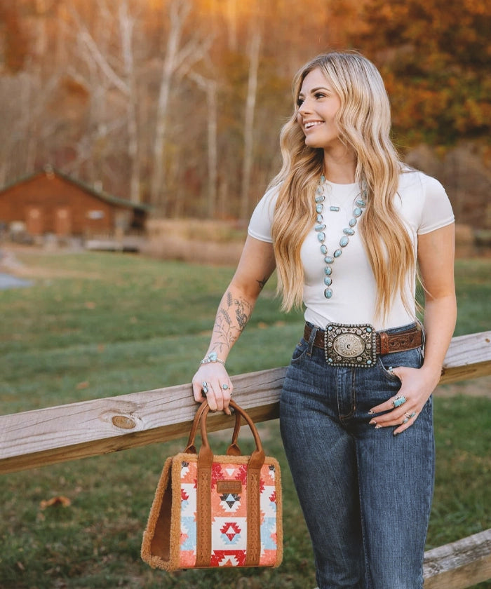 Wrangler Aztec Sherpa Trim Crossbody Purse Set for Women - Stylish Boho Shoulder Bag with Fringe Detail - Perfect for Casual Outings, Music Festivals & Travel Accessories
