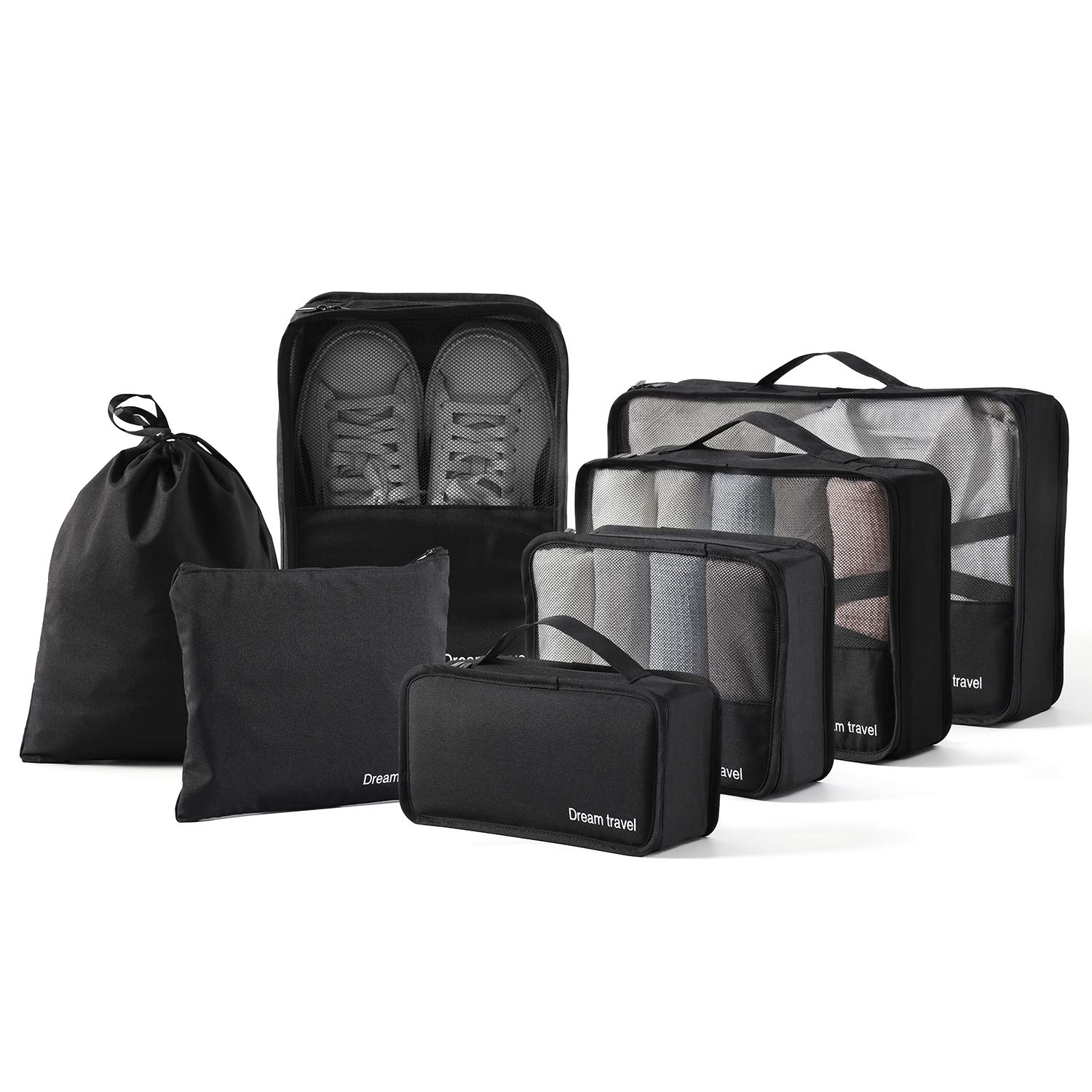 BIMNOOT 7-Piece Packing Cubes Set for Travel - Luggage Organizers with Laundry Bag & Shoe Bag (Black) | Space-Saving Suitcase Organizer for Business Trips & Vacations
