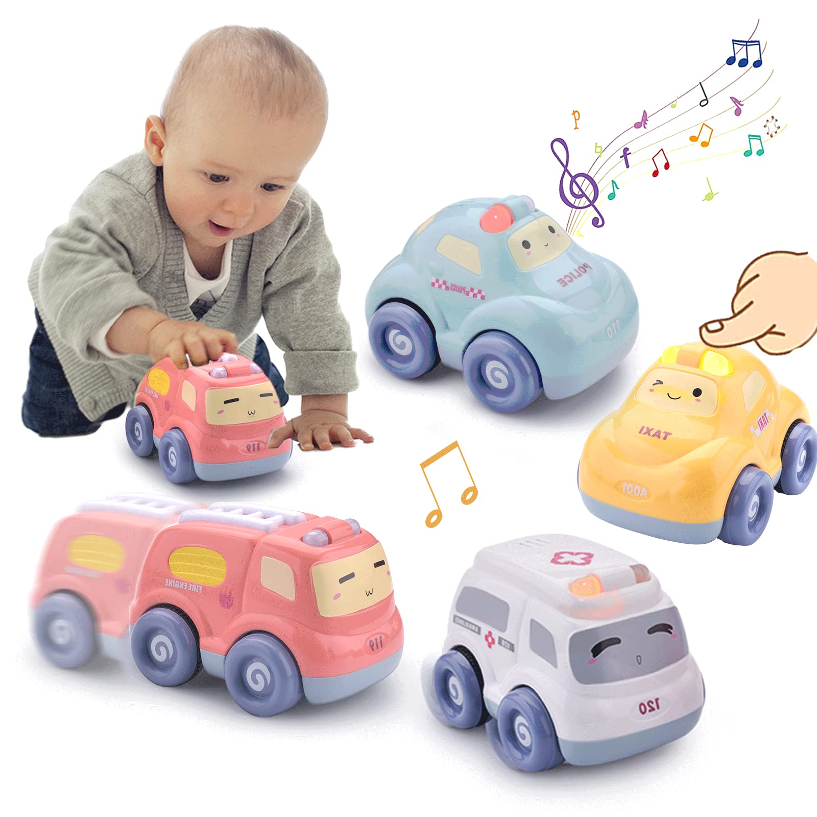 JACKEYLOVE Pull Back Toy Cars for Toddlers 1-3 Years Old - 4PCS Light & Sound Baby Toy Vehicles, First Birthday Gift for Boys & Girls (18-36 Months) - Perfect for Playtime, Learning & Early Childhood Development