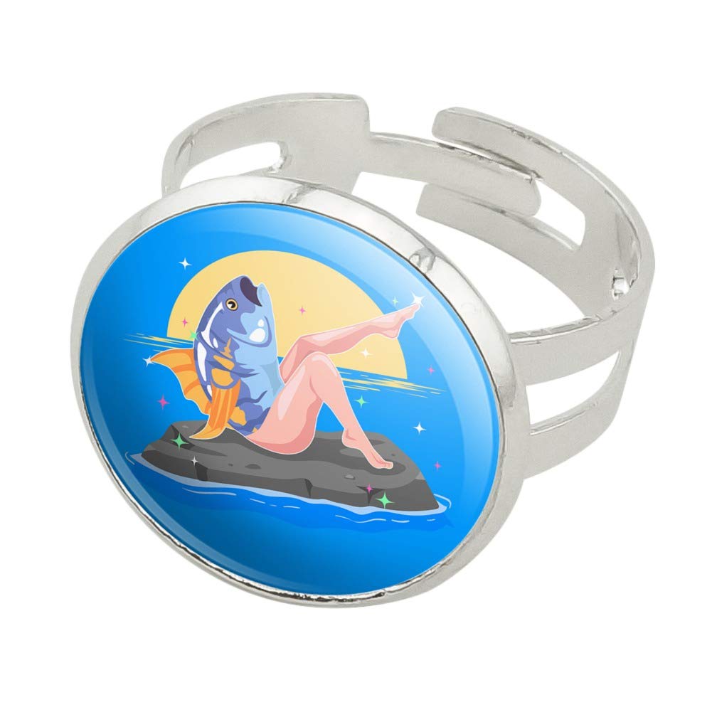 Silver Plated Adjustable Reverse Mermaid with Tuna Head Novelty Ring - Unique Fantasy Jewelry for Cosplay, Costume Parties & Gift Giving