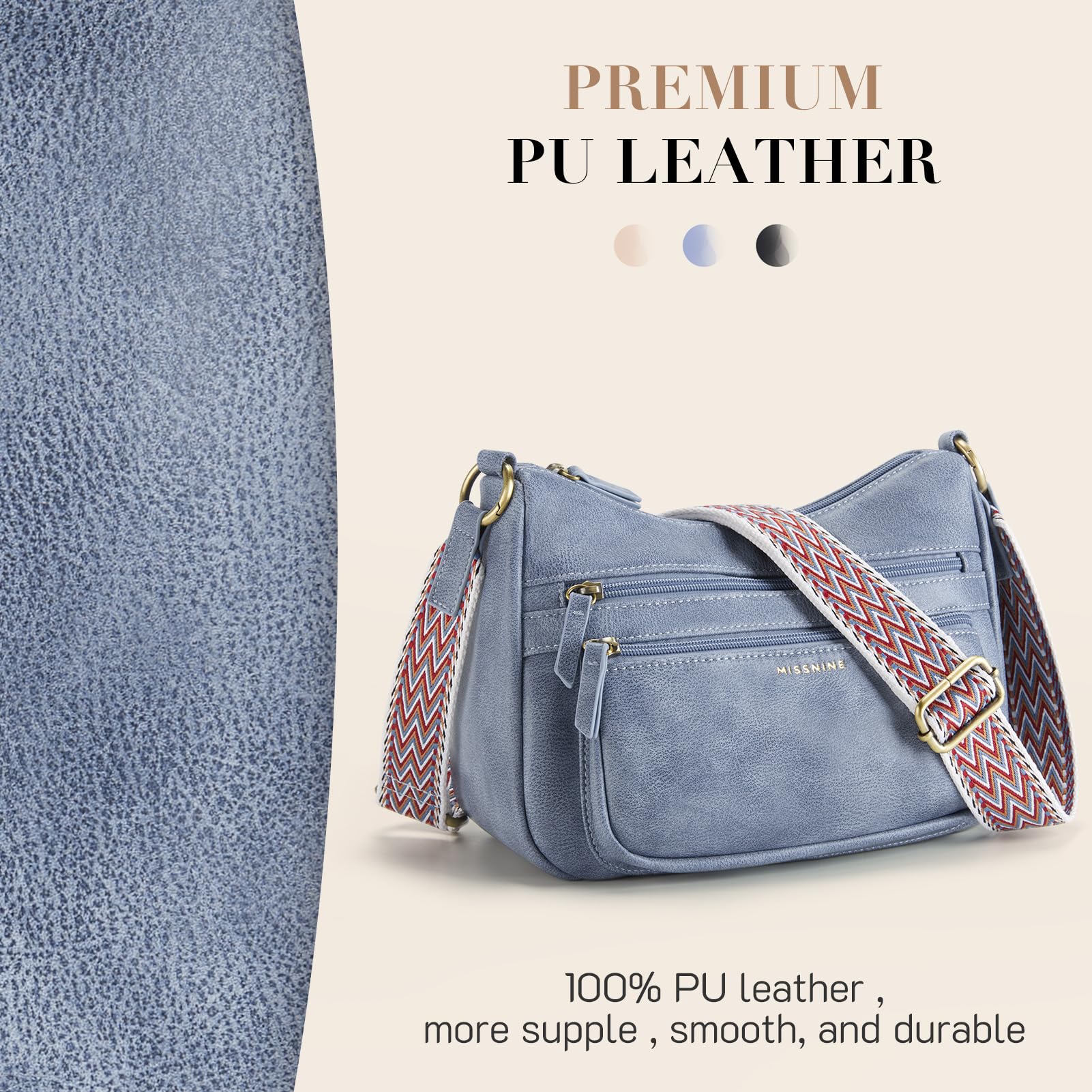 Missnine Women's Leather Crossbody Bag - Medium Size Purse with Adjustable Wide Shoulder Strap | Fashionable Everyday Handbag for Work, Travel & Shopping