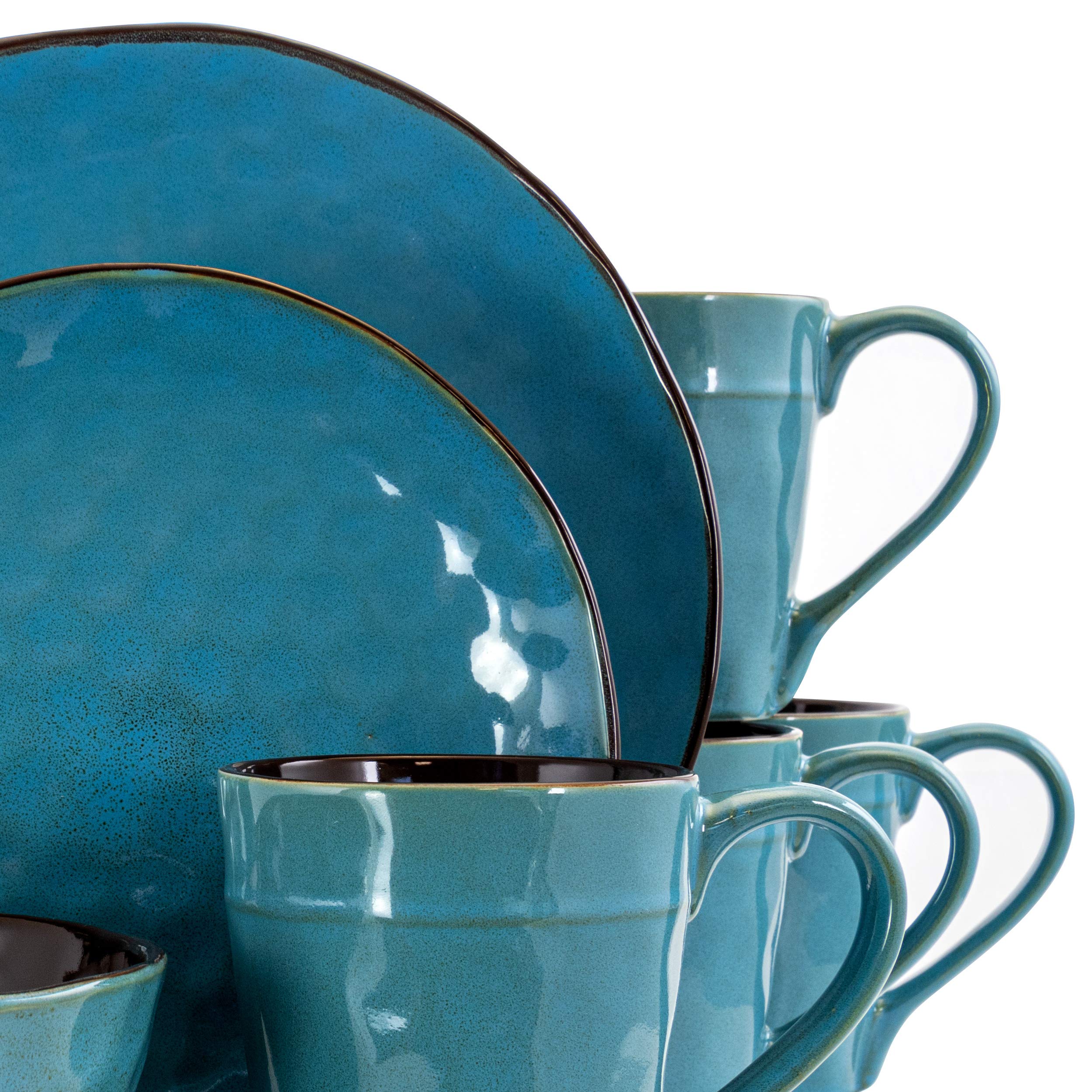 Elama Sea Glass 16-Piece Round Stoneware Dinnerware Set in Turquoise - Elegant Dinner Plates, Bowls & Mugs for Home, Restaurant, or Beachside Dining