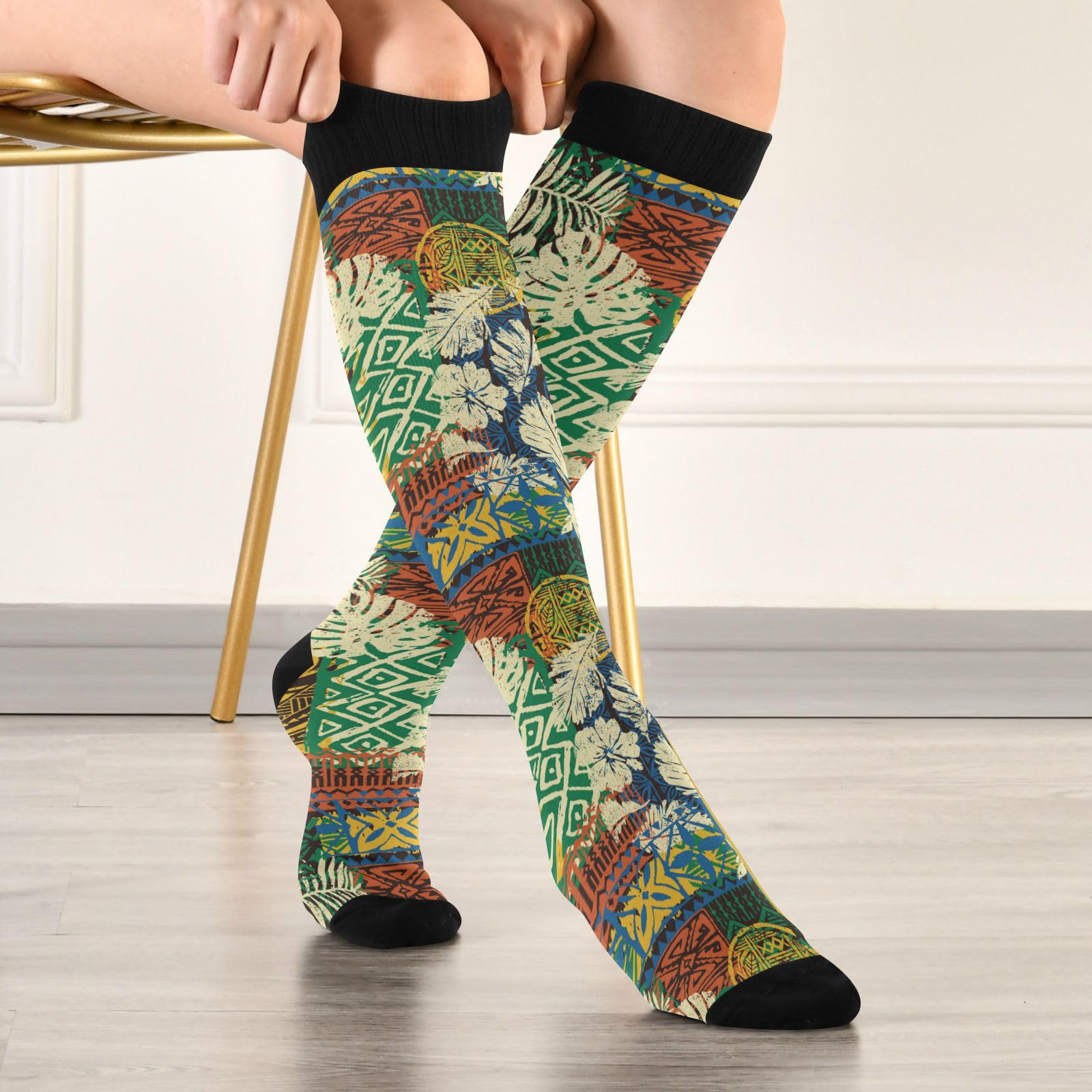 Hawaiian Tribal Hibiscus Knee High Compression Socks for Men & Kids - Running, Sports & Nurse Socks (One Size) - Perfect for Workout, Marathon & Medical Professionals