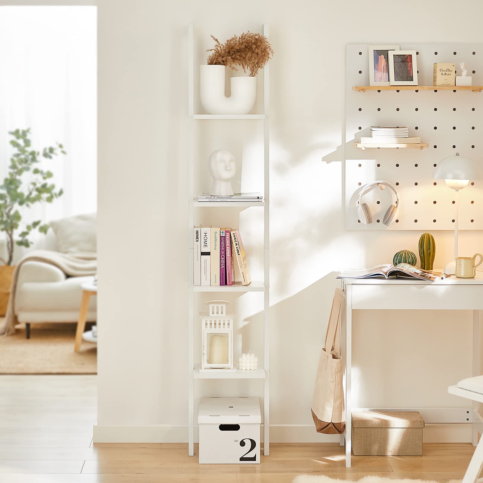 4-Tier Wooden Ladder Shelf - Space Saving Storage Organizer for Bathroom, Living Room & Study | Wall-Leaning Bookshelf & Display Rack | White FRG15-W | Perfect for Small Spaces, Home Decor & Book Storage