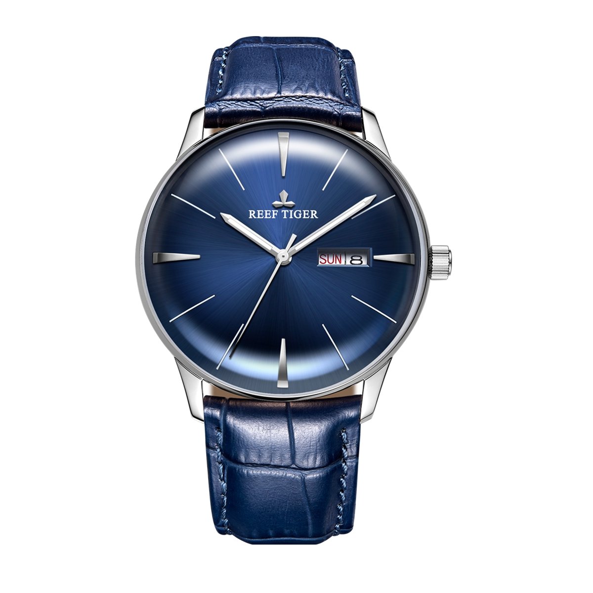 REEF TIGER Luxury Automatic Watch for Men - Blue Dial Analog Watch with Date & Day Display - Waterproof Dress Watch for Business, Casual & Formal Occasions - Model RGA8238