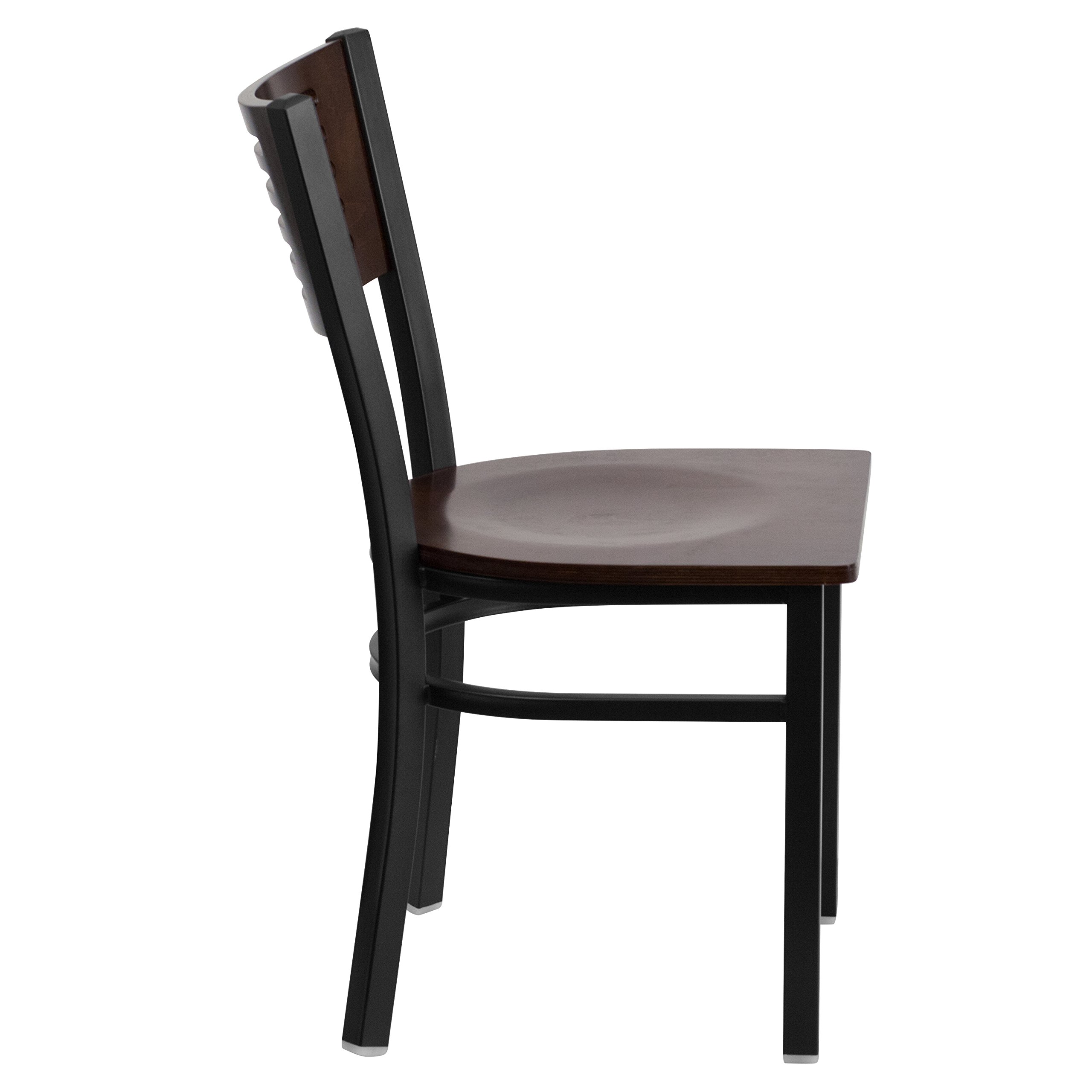 EMMA + OLIVER Black Metal Restaurant Chair with Walnut Wood Back & Seat - Modern Slat Back Design for Dining Room, Cafe, Bistro & Home Decor