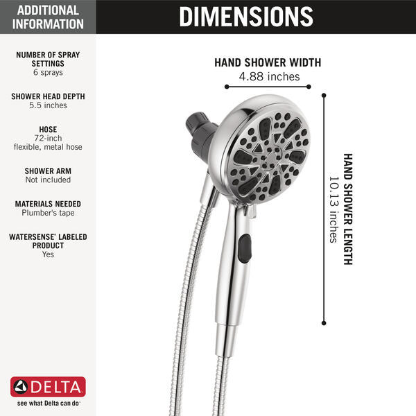Delta 75609 6-Setting Magnetic Hand Shower with SureDock - Chrome Finish for Bathroom, Spa & Relaxation