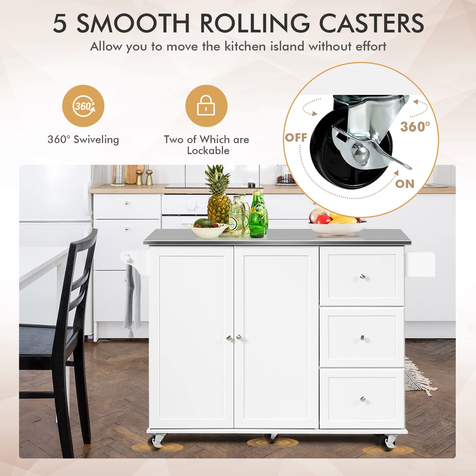 GOFLAME Stainless Steel Kitchen Island Cart with Wheels - Mobile Kitchen Cart with Storage Shelves & Towel Rack - Rolling Kitchen Trolley for Dining Room, Home Kitchen & Restaurant Use (White) - Perfect for Food Prep, Serving & Extra Counter Space