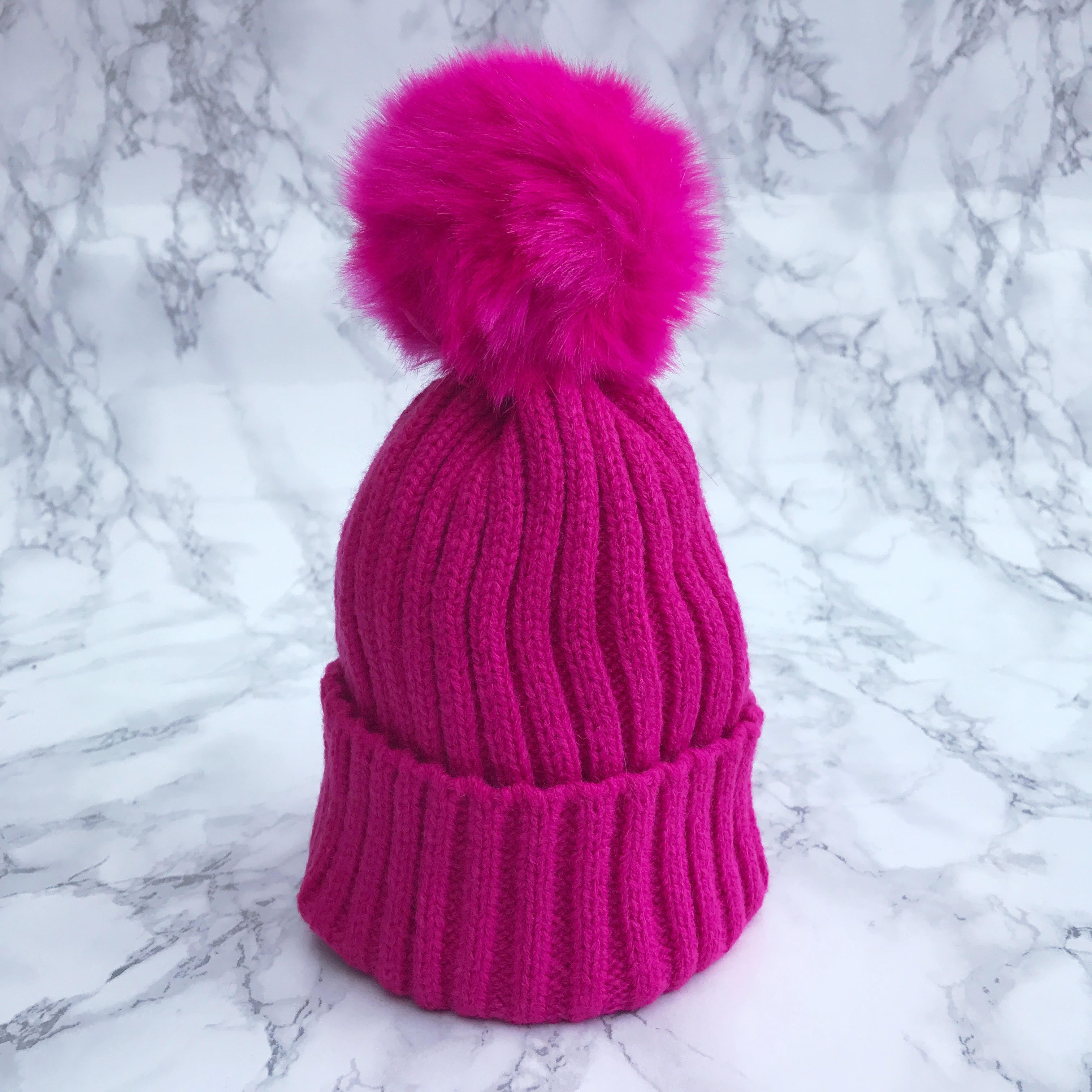 Stylish Cerise Faux Fur Pom Pom Winter Hat for Women - Cozy & Fashionable Beanie for Cold Weather, Outdoor Activities, and Holiday Outfits