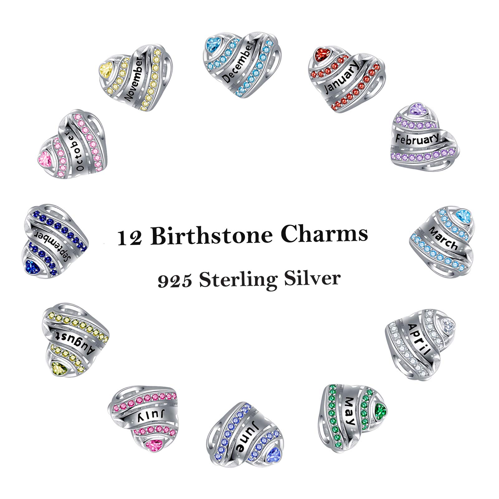 925 Sterling Silver Birthstone Heart Charms - Dainty Love Heart Beads for Bracelets & Necklaces | Personalized Birthday Gifts for Women, Mom, Wife | Perfect for Valentine's Day, Anniversary & Special Occasions