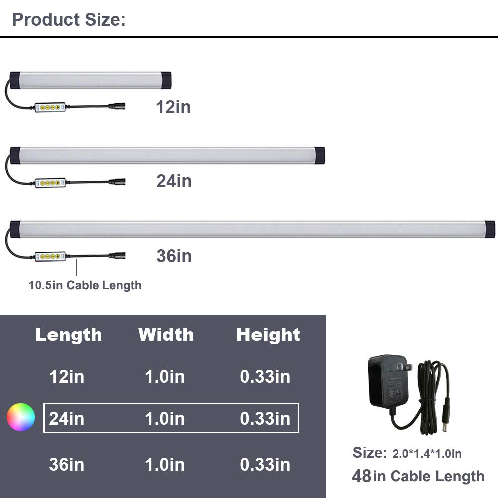 Dimmable RGB LED Under Cabinet Lighting - 24 Inch Multicolor Light Bar with Inline Control for Kitchen, Desk, Room, Cupboard, Hallway, Shelf & Closet | Perfect for Ambient, Task & Accent Lighting