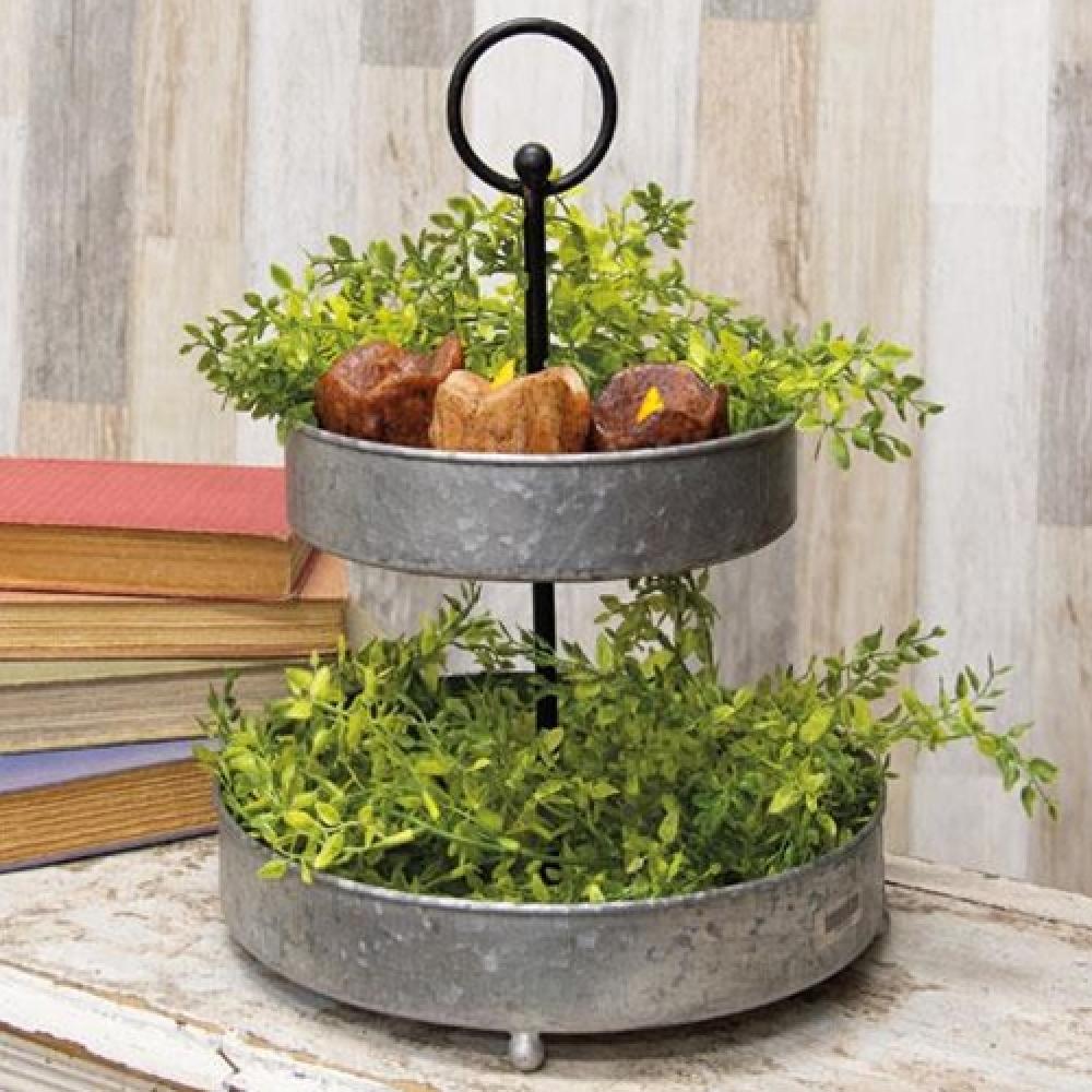Galvanized Metal Two Tiered Tray - Rustic Kitchen & Dining Serving Platter for Parties, Home Decor, and Organizing | Perfect for Farmhouse Style, Buffet Display, and Countertop Storage