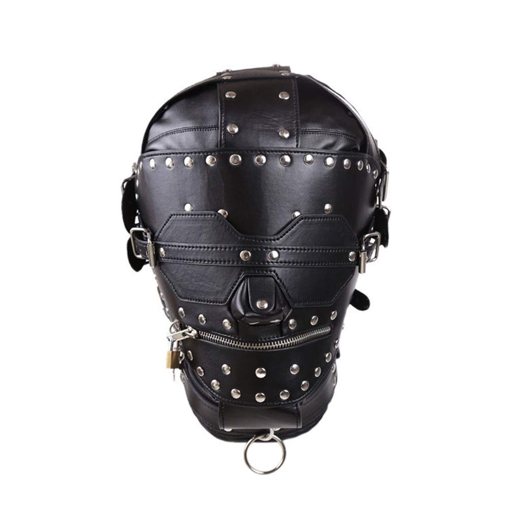 Unisex Black Leather Halloween Mask with Lock - Perfect for Costume Parties, BDSM Events, and Role-Playing Games