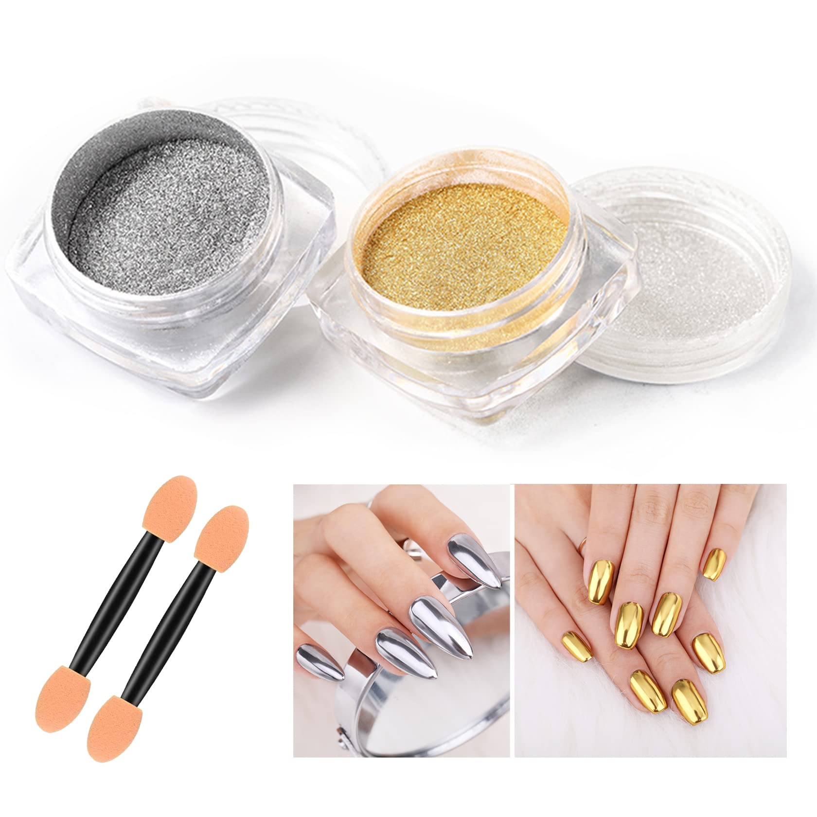 Silver Gold Mirror Chrome Nail Powder - Metallic Holographic Nail Pigment Set for Gel Nails | DIY Manicure, Nail Art Design, Salon & Home Use