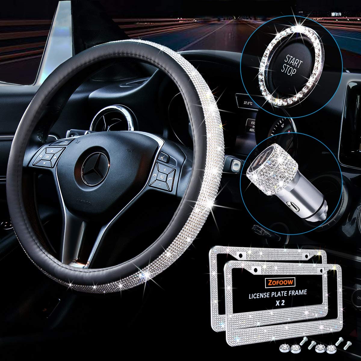 5-Pack Bling Car Accessories Set for Women - Steering Wheel Cover, License Plate Frame & USB Charger | Car Decor Gift