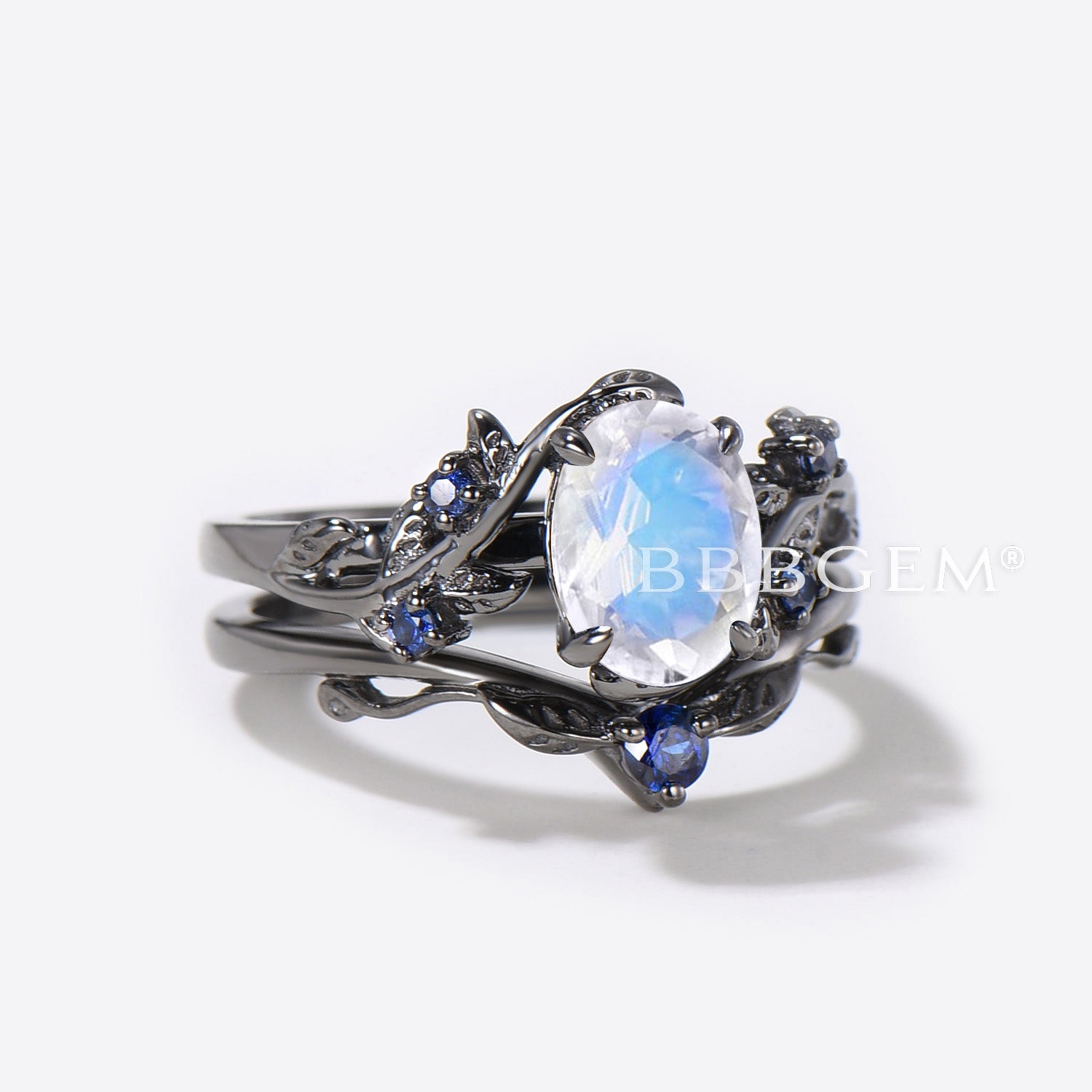 Black Gold Engagement Ring Set with Natural Moonstone - Elegant Wedding Band for Women, Perfect for Proposals, Anniversaries & Bridal Jewelry