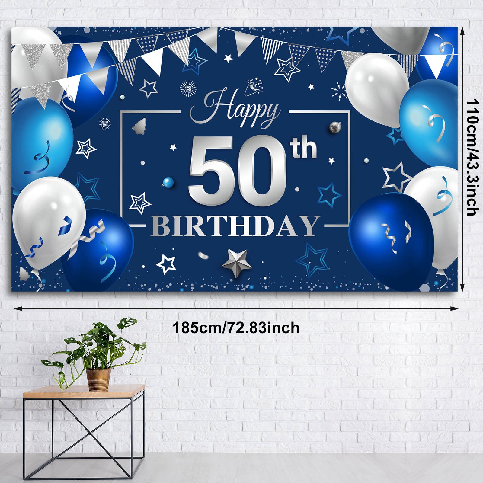Navy Blue & Silver Happy Birthday Party Backdrop Banner - 50th Birthday Photography Decor for Men & Women, Anniversary Party Photo Props & Supplies - Perfect for Indoor & Outdoor Celebrations, Photo Booths & Social Media Posts