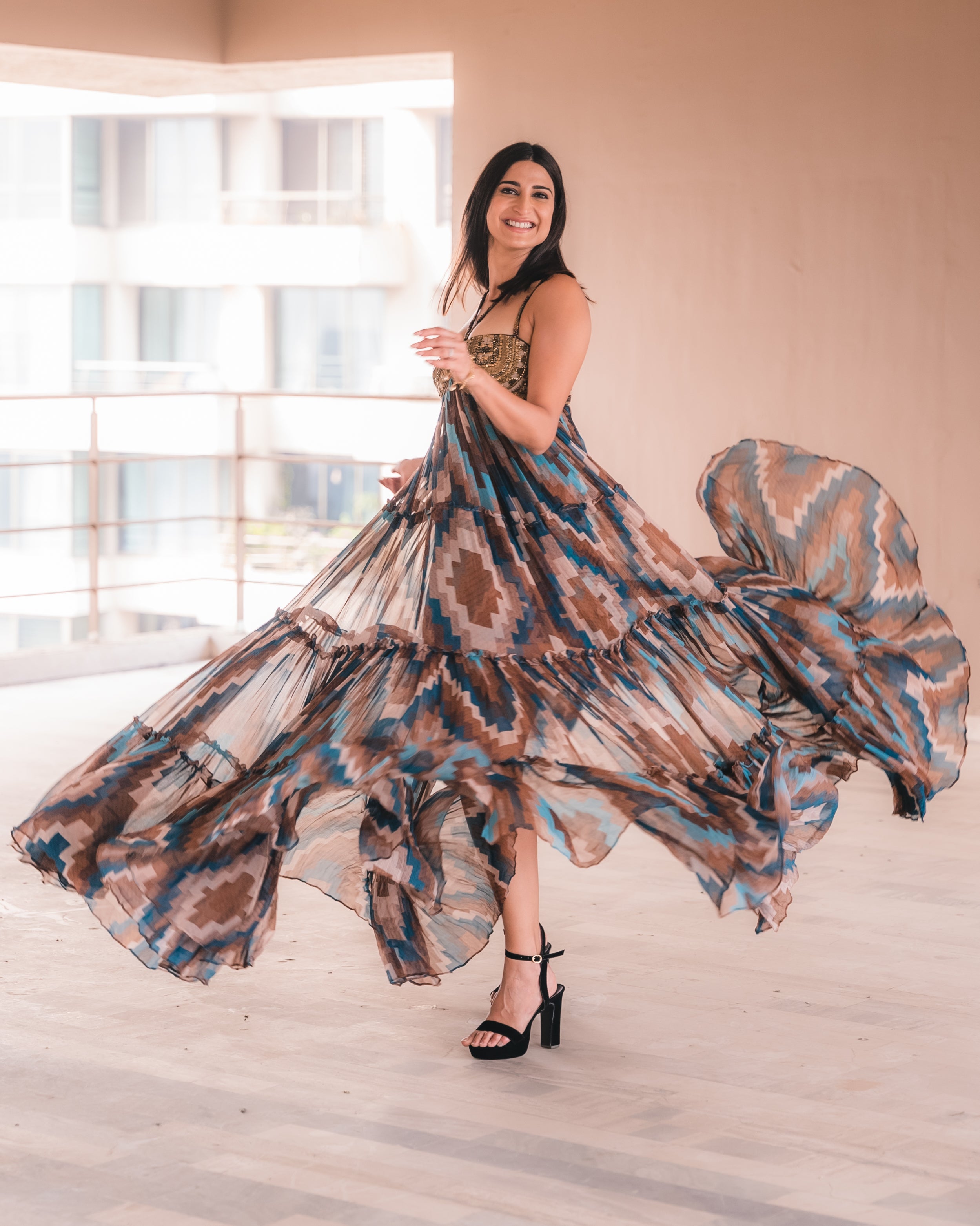 Turquoise Grid Print Maxi Dress with Aged Gold Embroidery - Elegant Boho Chic Women's Dress for Parties, Weddings & Special Occasions