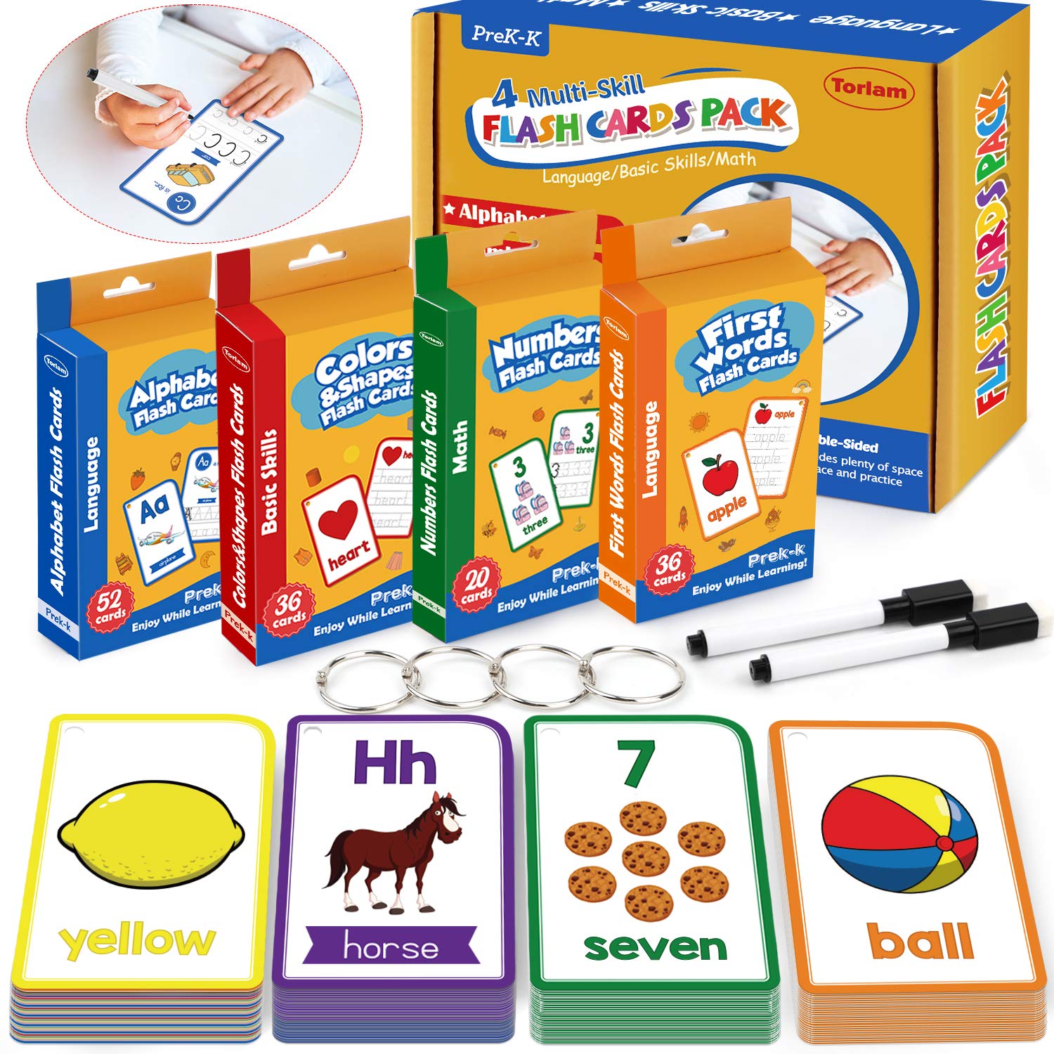 Alphabet Flash Cards for Toddlers - 4 Set Learning Cards for Numbers, Letters & Shapes | Tracing Activities for Kindergarten Kids