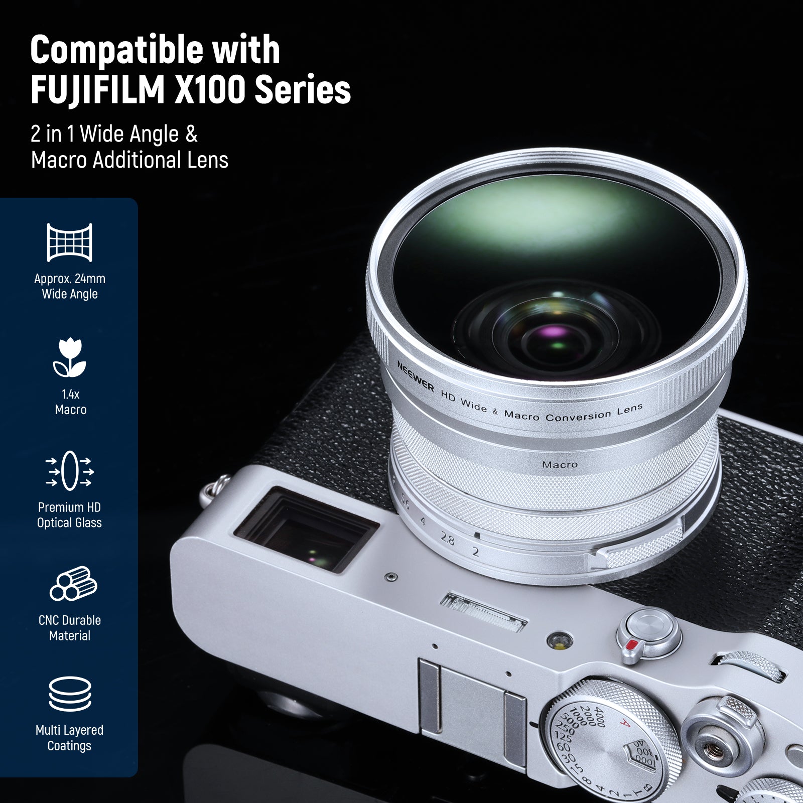 NEEWER LS 47 49mm 0.75x Wide Angle & 1.4x Macro Lens for Fujifilm X100 Series Cameras - Perfect for Landscape Photography and Close-Up Shots