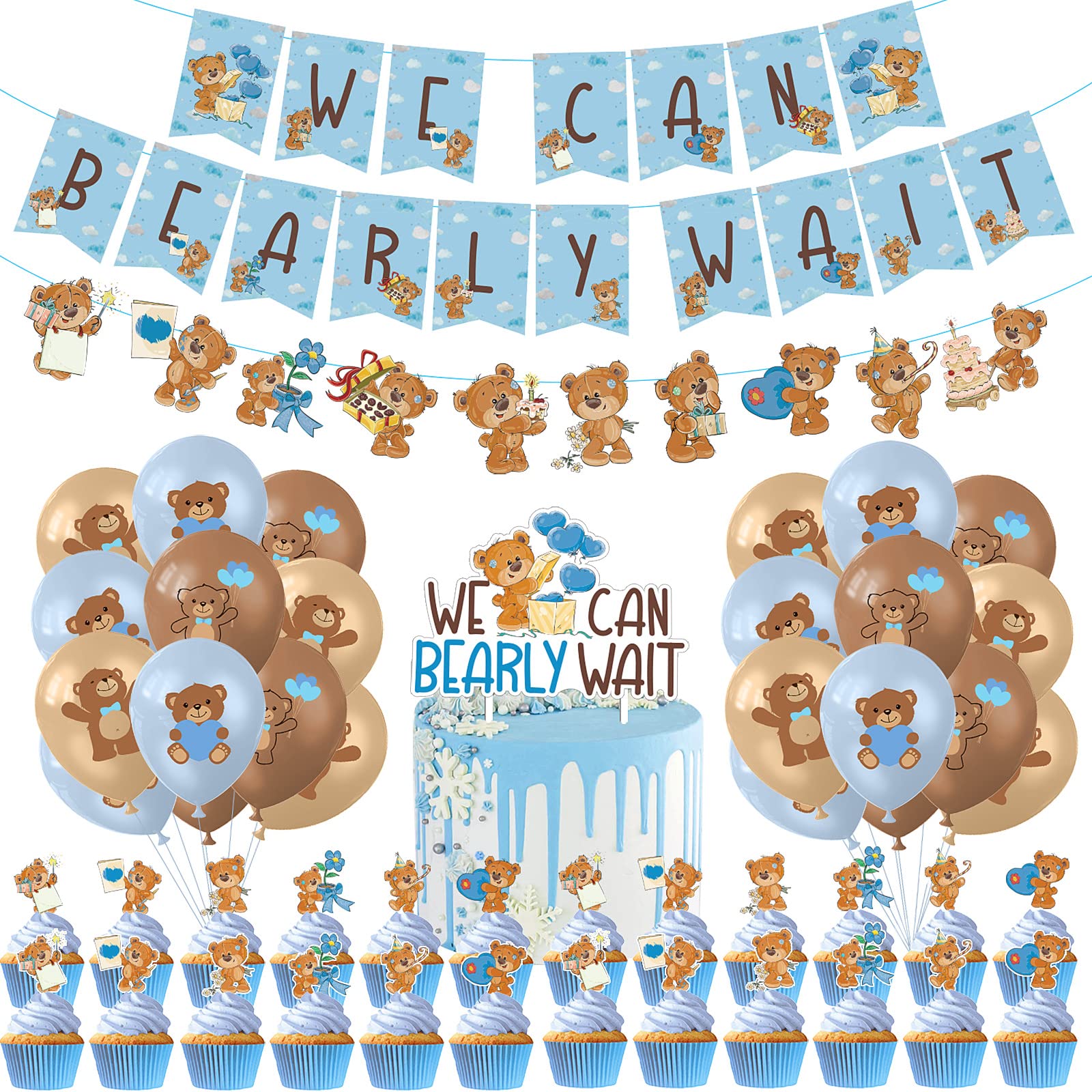 51-Pack Blue & Brown Baby Shower Decorations for Boys - We Can Bearly Wait Banner, Cake Topper, Cupcake Toppers, Balloons & Cute Bear Party Supplies | Perfect for Baby Showers, Gender Reveals & Nursery Decorations