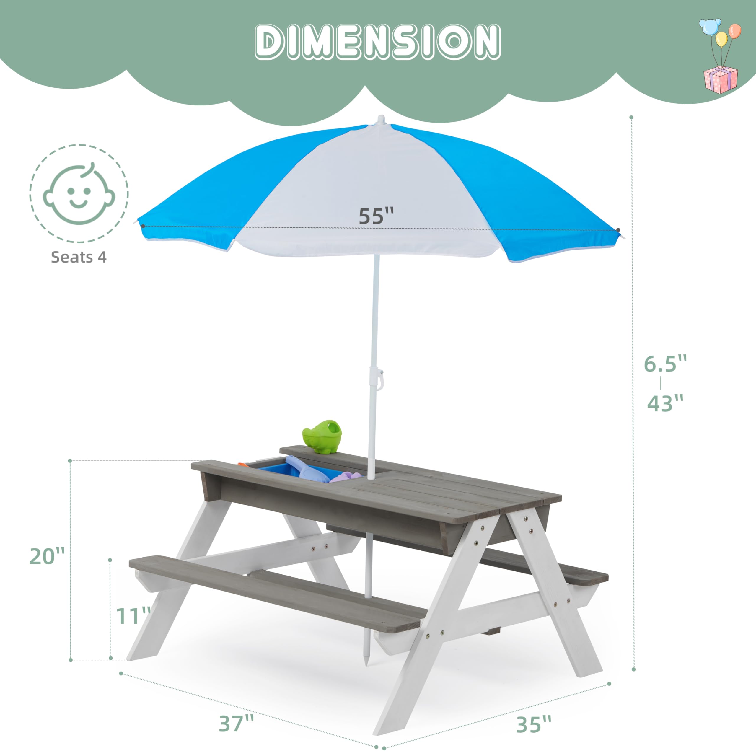 **Wooden Kids Picnic Table with Umbrella - Outdoor Sand & Water Activity Play Table for Backyard, Patio, Garden - Perfect for Toddlers & Preschoolers Playtime**