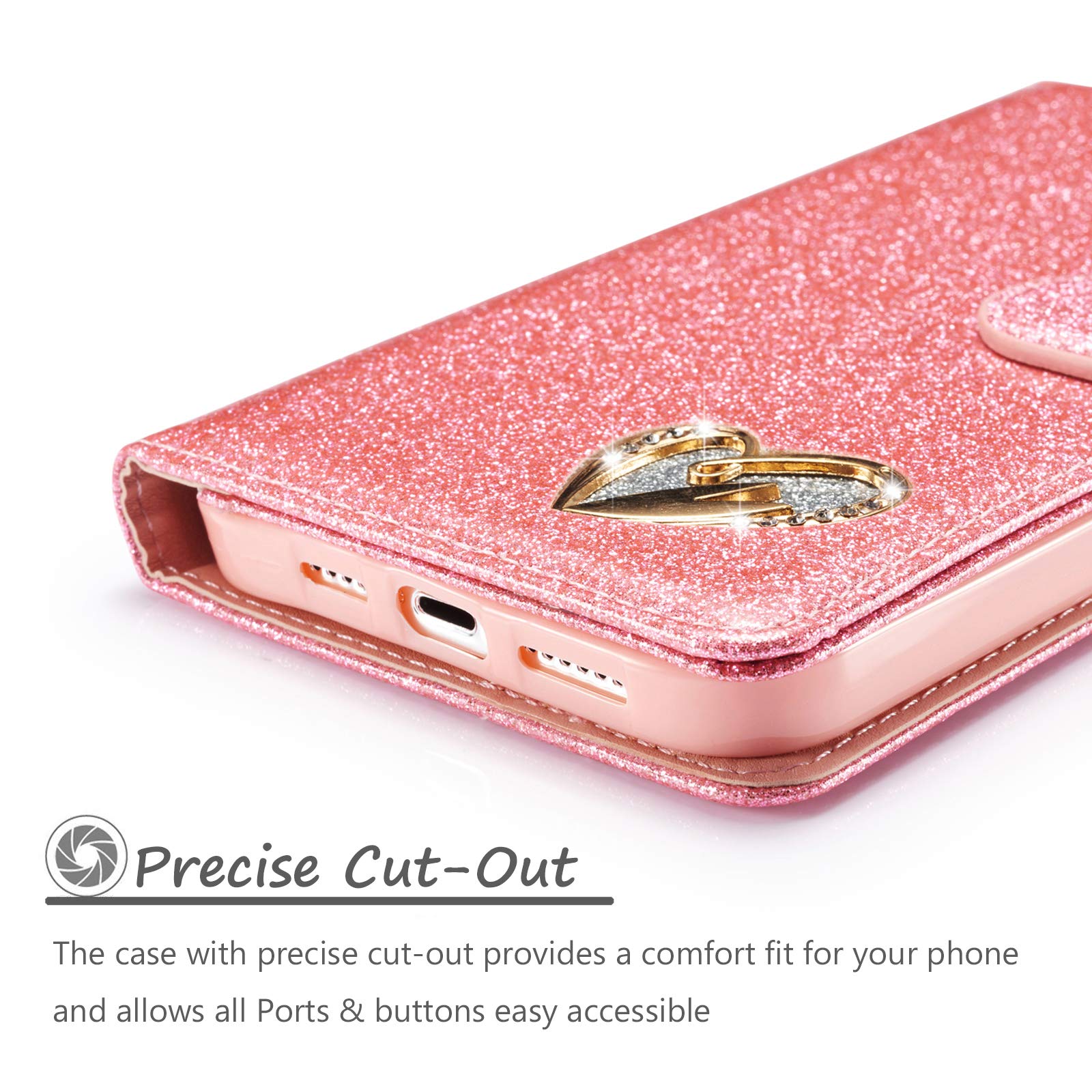 QLTYPRI iPhone 12 Pro Max Case 6.7 inch - Glitter PU Leather Wallet Phone Cover with Card Holder, Wrist Strap & Heart Diamond Design | Perfect for Daily Use, Travel, and Gift Giving - Pink