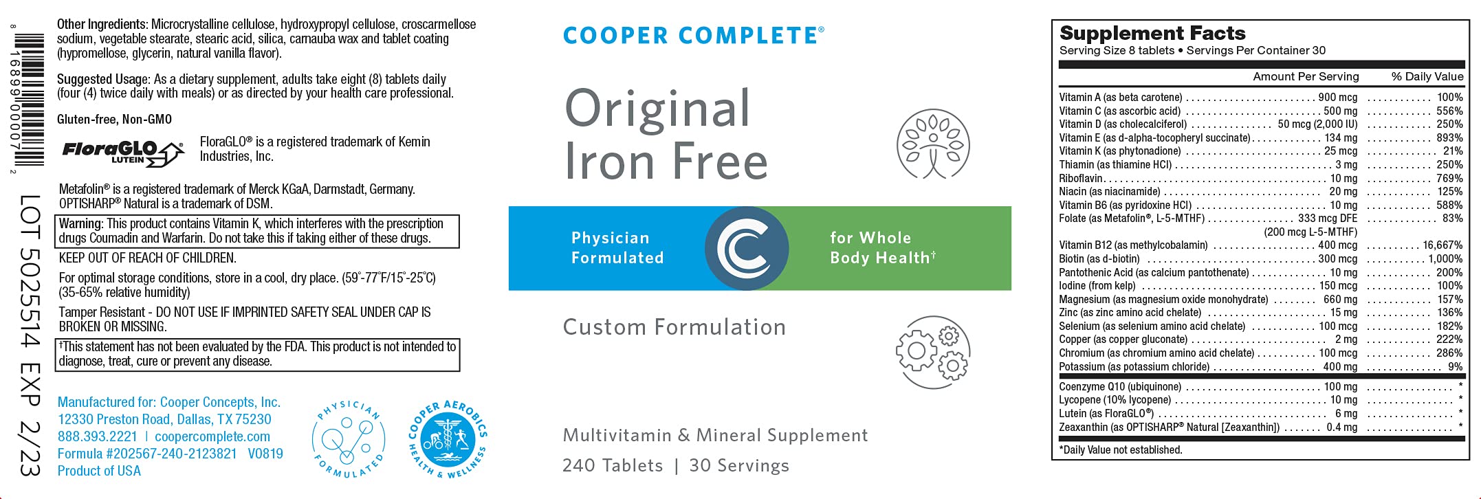 Cooper Complete Original Iron-Free Multivitamin & Mineral Supplement - 120 Tablets (3 Bottles, 30 Servings Each) - Daily Nutrition for Adults - Supports Energy, Immunity & Overall Health - Perfect for Busy Professionals & Active Lifestyles