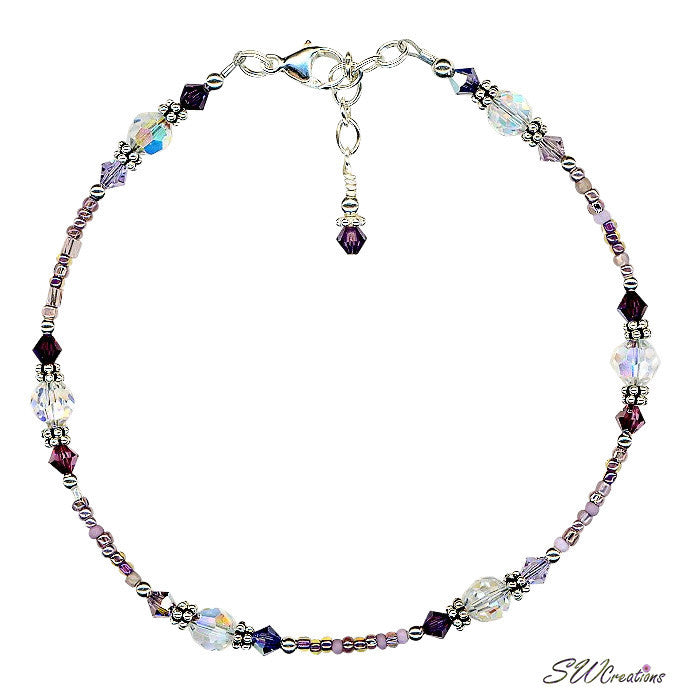 Elegant Purple Crystal Silver Beaded Anklet for Women - Bohemian Style Adjustable Ankle Bracelet - Perfect for Beach, Summer, Festival & Boho Fashion Accessories