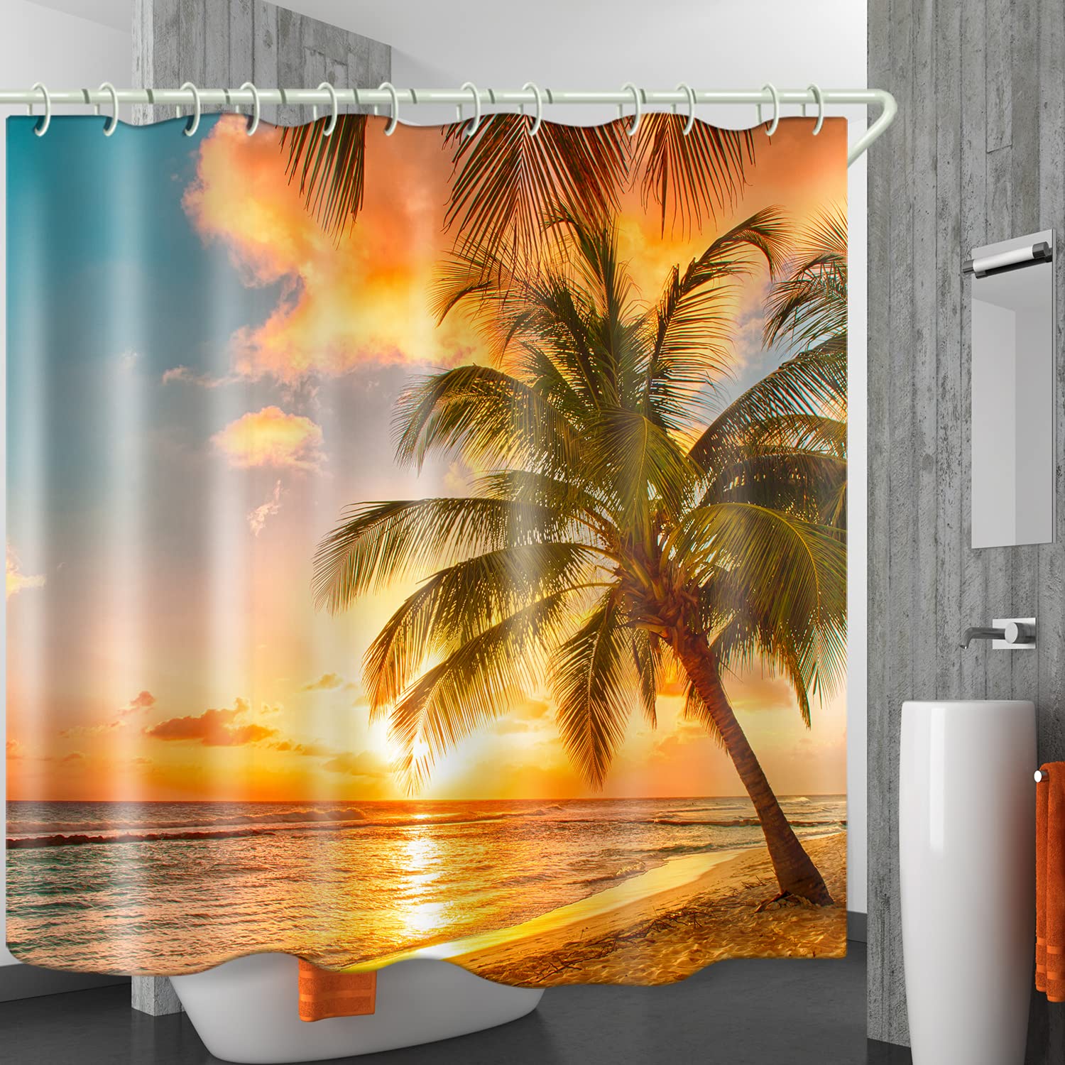 Waterproof Shower Curtain Set with Natural Beach Coconut Tree Print - Polyester Fabric Bathroom Curtain with Hooks & Liners - Coastal Decor for Bathroom, Bathtub, and Toilet Accessories - Perfect for Beach-Themed Bathrooms and Spa-Like Showower Experience