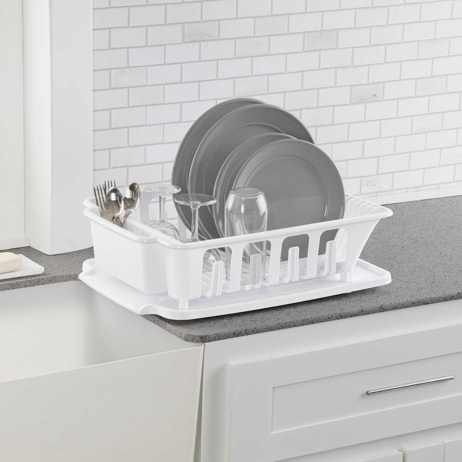 Sterilite Large 2-Piece Sink Set with Drainboard - White Kitchen Dish Drying Rack for Plates, Cups & Silverware (6-Pack) - Perfect for Small Kitchens, Camping & RVs