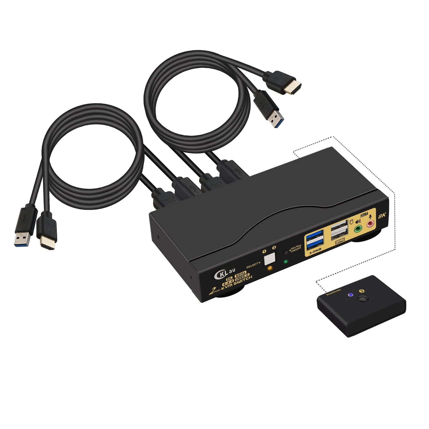 CKLau 2 Port USB 3.0 HDMI 2.1 KVM Switch - 8K@60Hz 4K@144Hz with Audio Output & Cables - Share 2 Computers on 1 Monitor with Keyboard & Mouse - Perfect for Gaming, Home Office & Multi-Device Workspaces