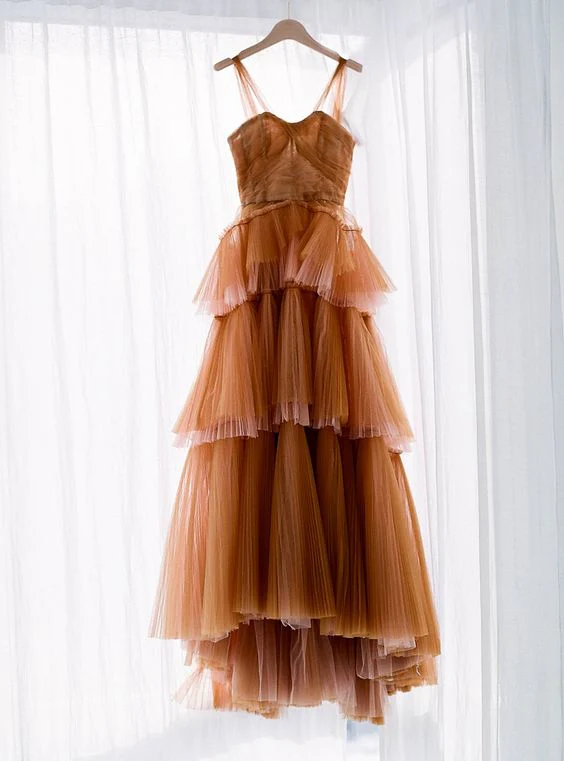 Elegant Brown Tulle Long Prom Dress A-Line Evening Gown J3807 - Perfect for Homecoming, Formal Dances & Special Occasions