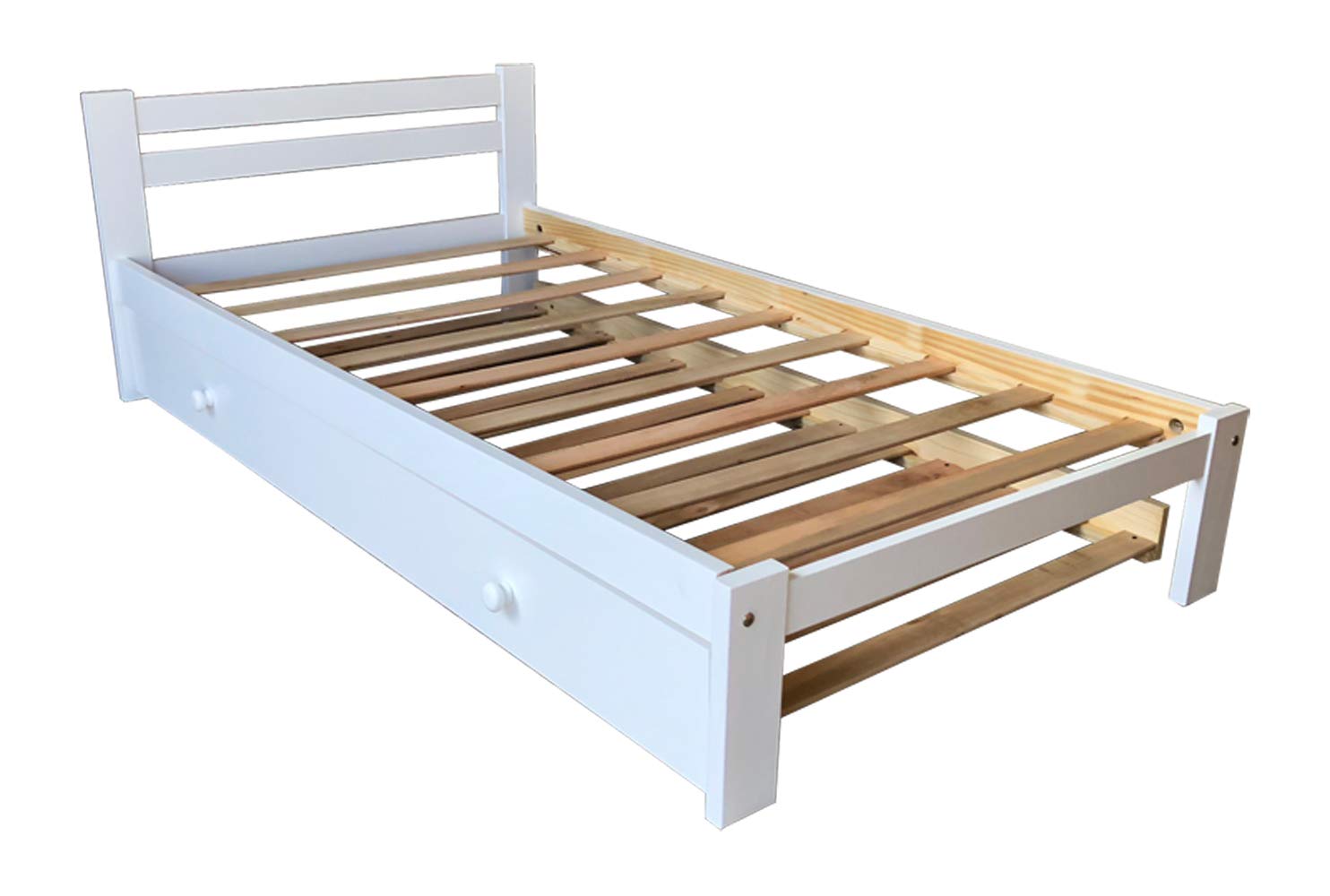 White Twin Bed with Trundle - Solid Pine Wood Frame with Hardwood Slats - Kids Bedroom Furniture for Boys & Girls - Perfect for Sleepovers, Small Spaces & Guest Rooms