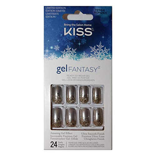Kiss (1) Box Gel Fantasy Ready-To-Wear Gel Nails - 24pc False Nails with Adhesive Tabs & Glue - Silver Gold Glitter & Confetti Design - Holiday Limited Edition #78964 | Perfect for Christmas Parties, New Year Celebrations & Special Occasions