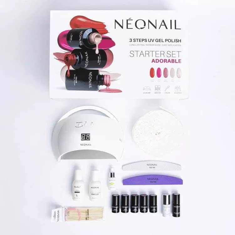 NEONAIL ADORABLE Starter Set - 3 Step UV Gel Polish Kit for Long-Lasting Mirror Shine, Includes Base/Top Coat & 5 Colors with UV/LED Lamp - Perfect for Home Manicures & Professional Nail Salons
