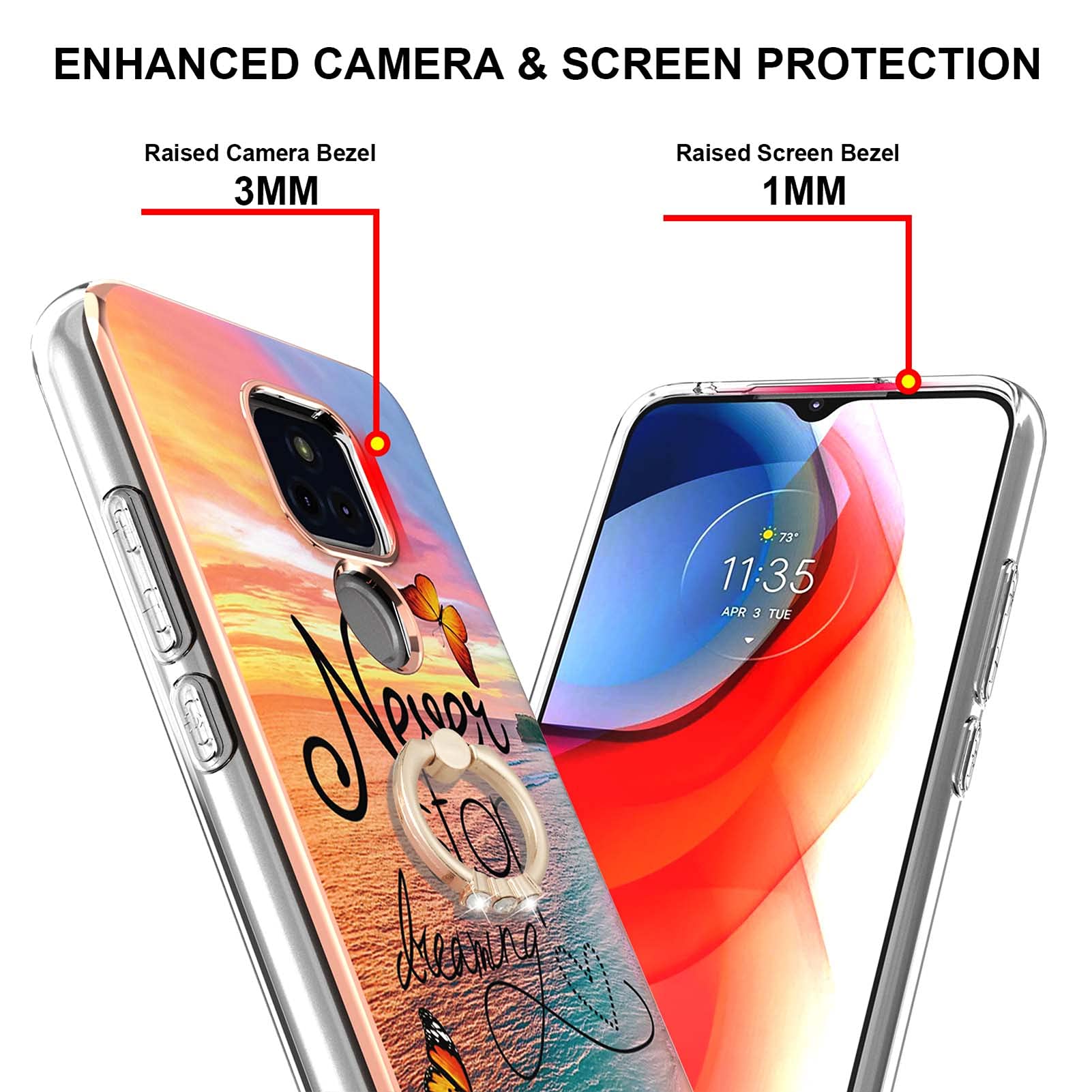 Soft TPU Case for Moto G Play 2021 - Marble Butterfly Design with Colorful IMD Plating & Diamond Finger Ring Kickstand | Protective Phone Cover for Daily Use, Work, and Travel