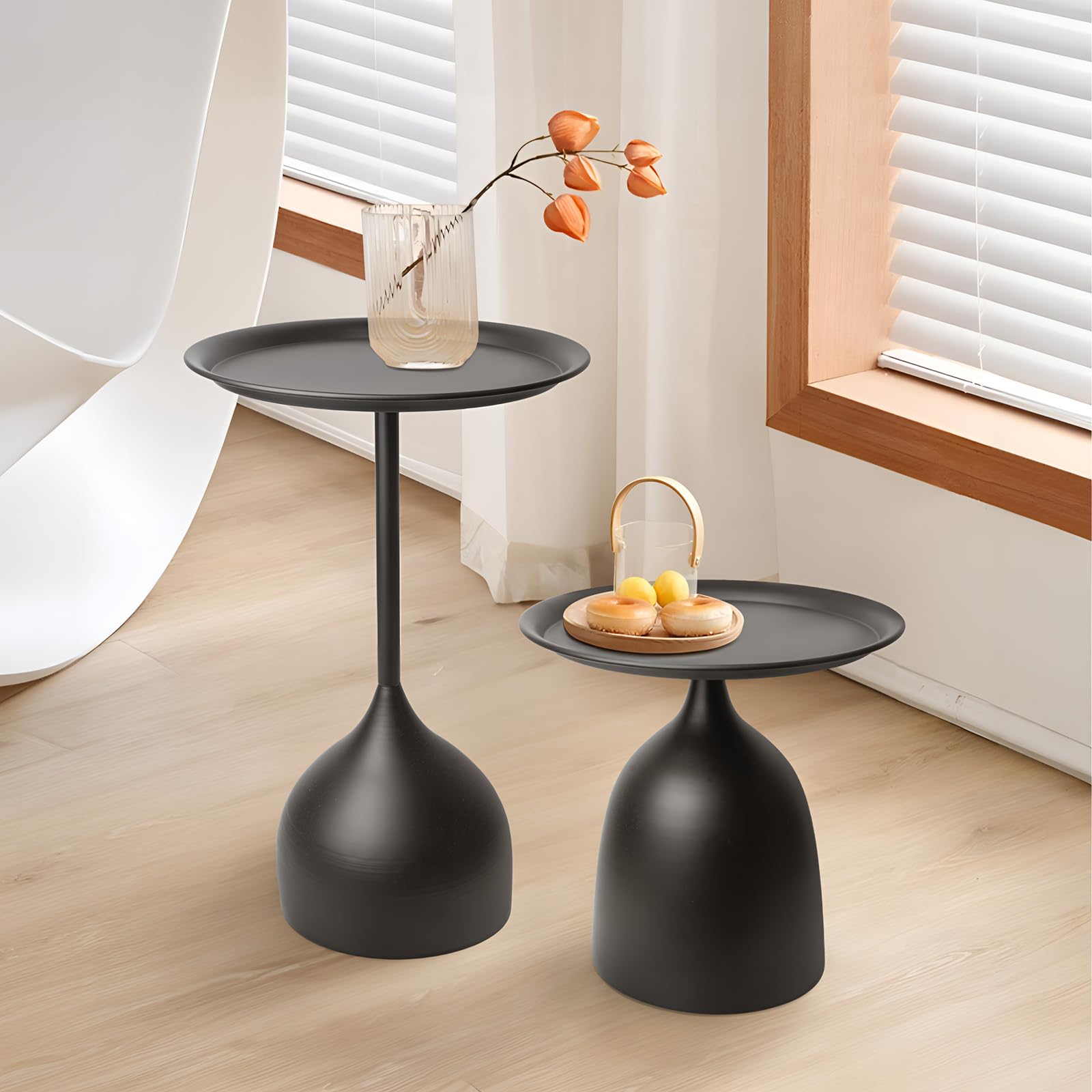 Loopo Modern Lightweight Nesting Side Tables Set of 2 - Round End & Coffee Tables with Metal Pedestal Design for Living Room, Bedroom & Office - Matt Black Home Decor Accent for Small Spaces & Modern Interiors