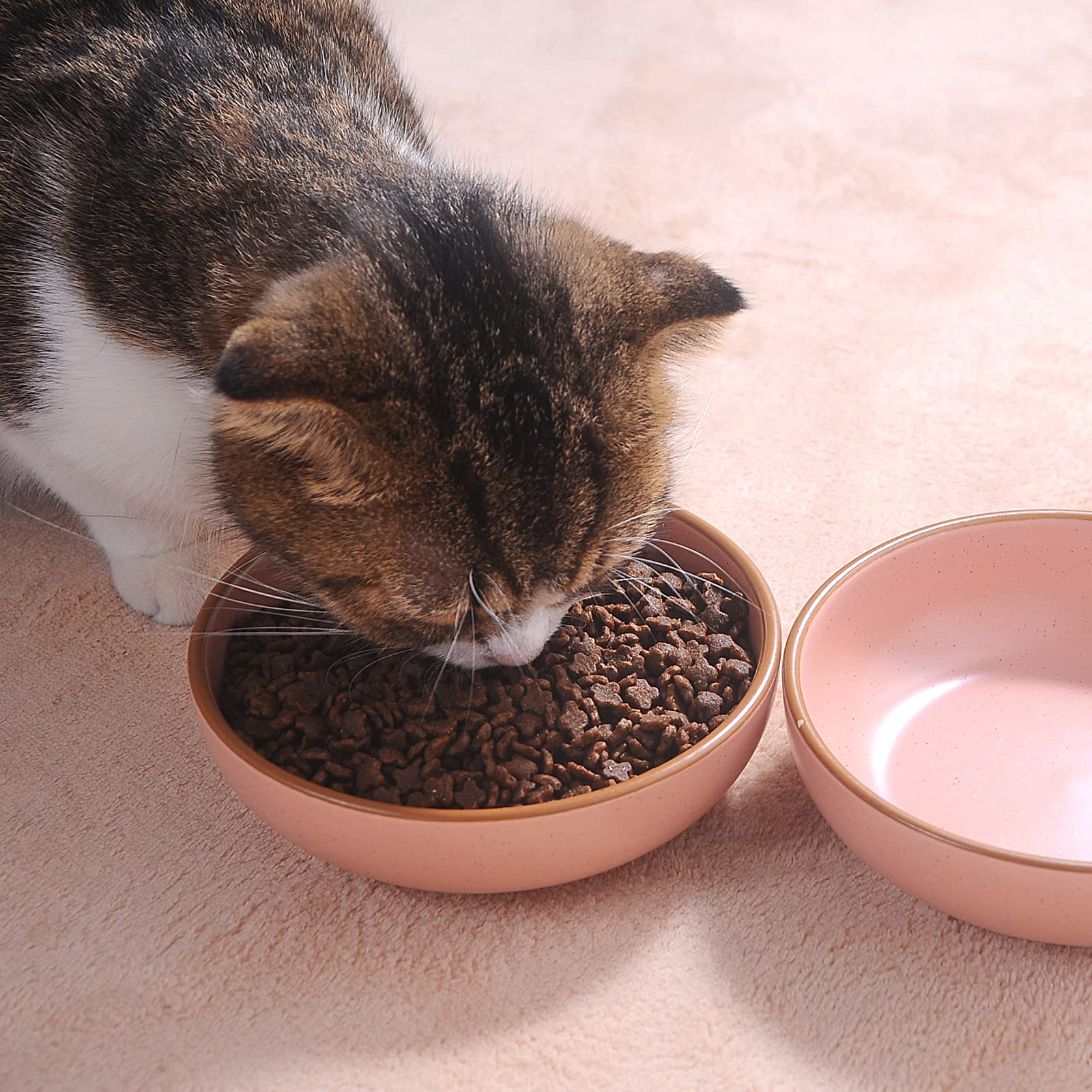 Premium Ceramic Cat Bowls Set of 3 - Non-Tip Pet Food & Water Dishes for Cats & Small Dogs, 5.19 Inch Matte Pink Bowls - Durable, Easy to Clean, BPA-Free - Perfect for Home, Kitchen, or Travel Use