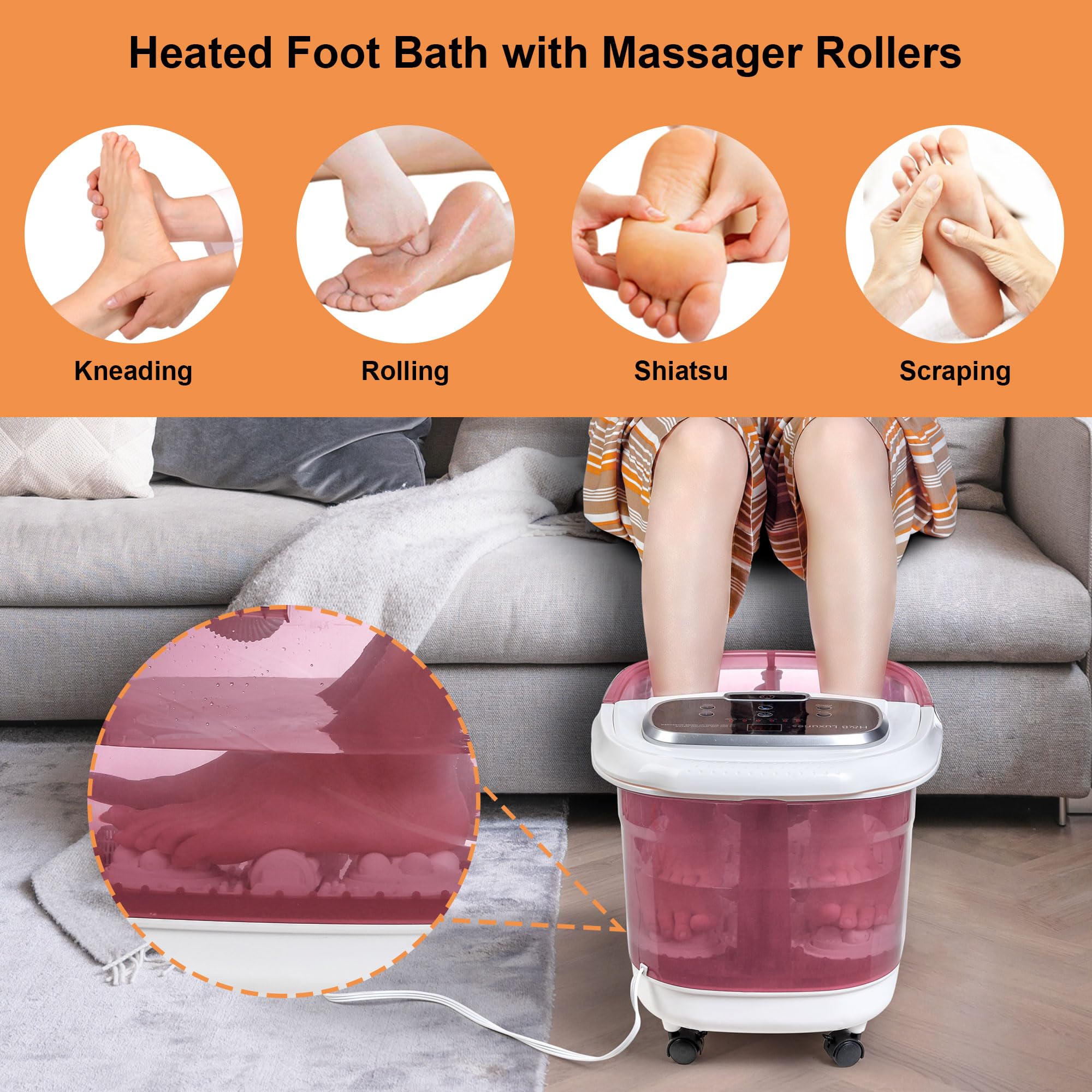 H&B Luxuries Electric Foot Spa Massager with Heat - Motorized Rollers, Adjustable Temperature & Timer, LED Display - Perfect for Relaxation & Stress Relief - Ideal Gift for Women, Men, Mothers, Fathers (Pink) - Use at Home for Self-Care, Post-Workout Recovery & Spa Nights