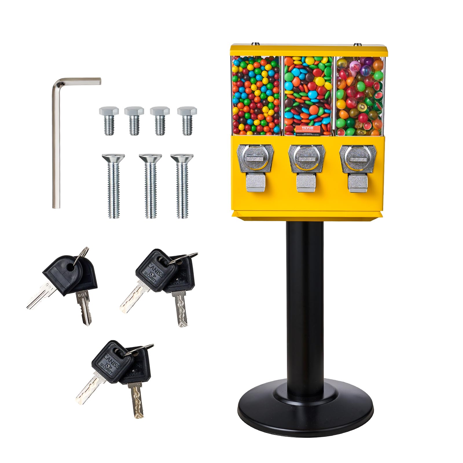 VEVOR Commercial Triple Compartment Candy Vending Machine with Iron Stand - Coin Operated Gumball & Nut Dispenser for Business - Perfect for Retail Stores, Arcades, and Restaurants (Yellow)