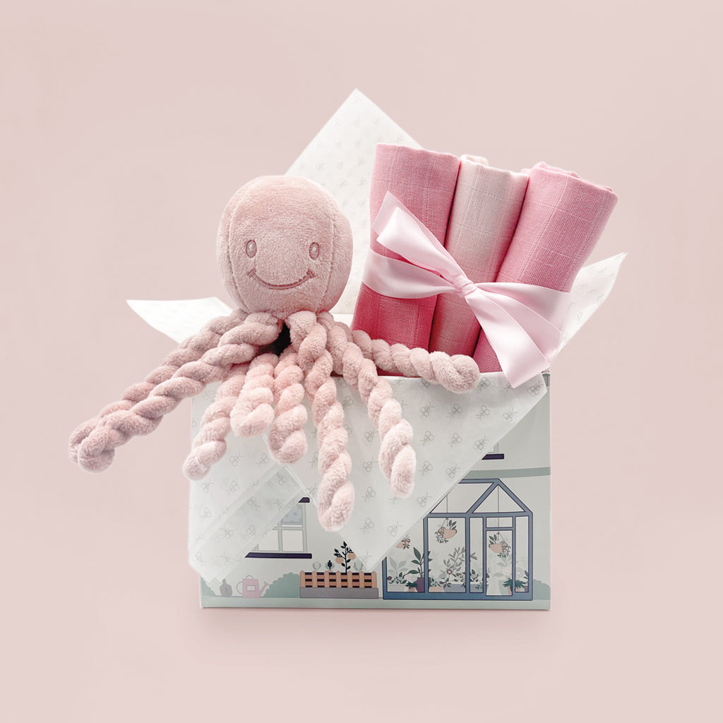 Ollie Octopus Baby Gift Set for Newborn Girls - Soft Pink Plush Toy with Rattle & Teether - Perfect for Baby Showers, Birthdays, and Nursery Decor