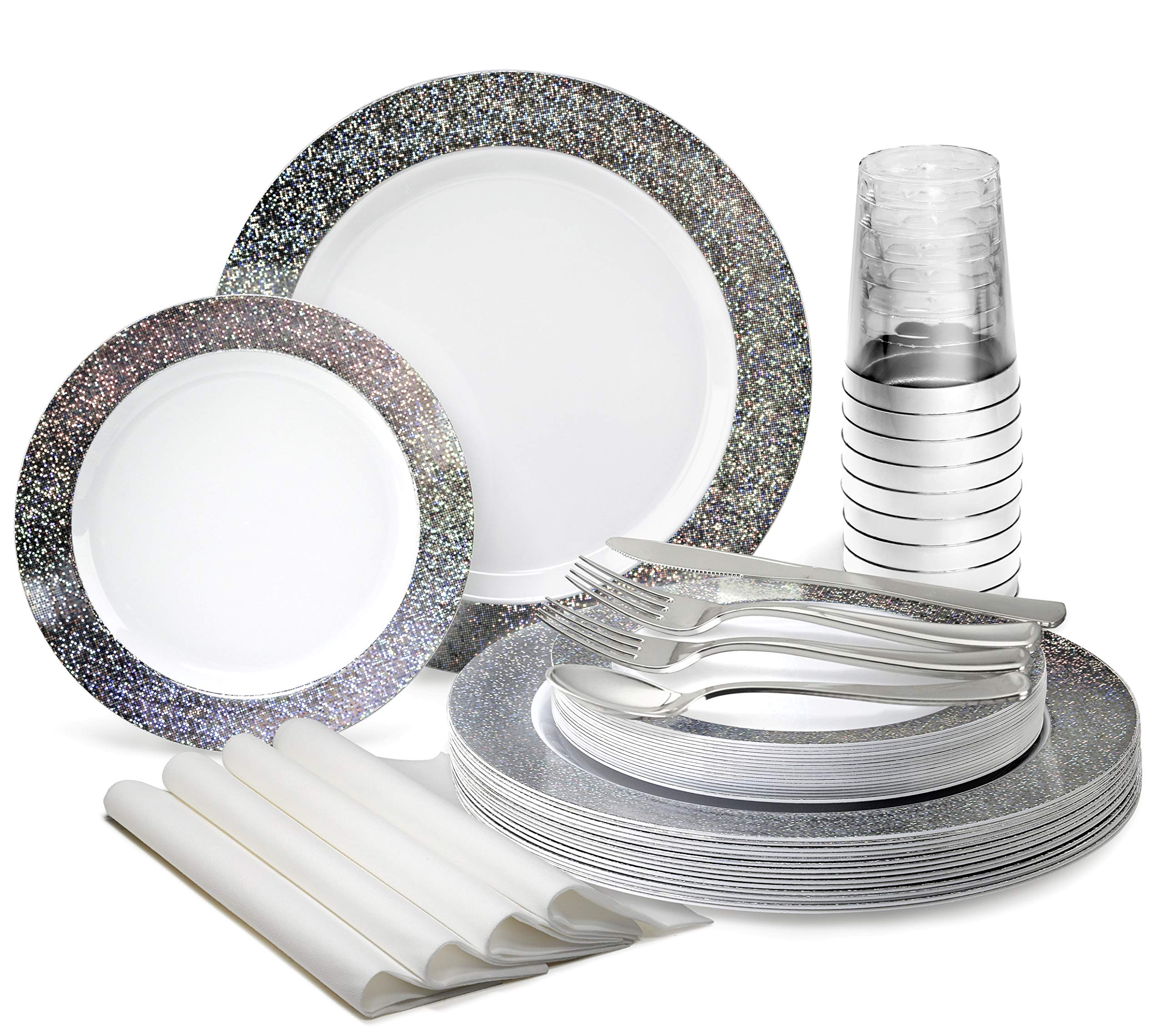 960-Piece Heavyweight Disposable Plastic Plate Set for Weddings & Parties - Includes 120 x 10.25'' Dinner Plates, 120 x 7.5'' Dessert Plates, Silverware, Cups & Napkins in Hollywood White & Silver - Perfect for Large Events with 120 Guests