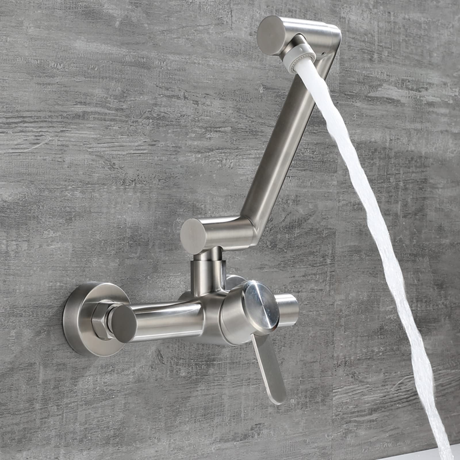 Brushed Stainless Steel Wall Mount Kitchen Faucet with Hot & Cold Water - Single Handle Pot Filler Sink Tap with Folding Double Joint Swing Arms - Perfect for Filling Pots, Watering Plants & Washing Dishes