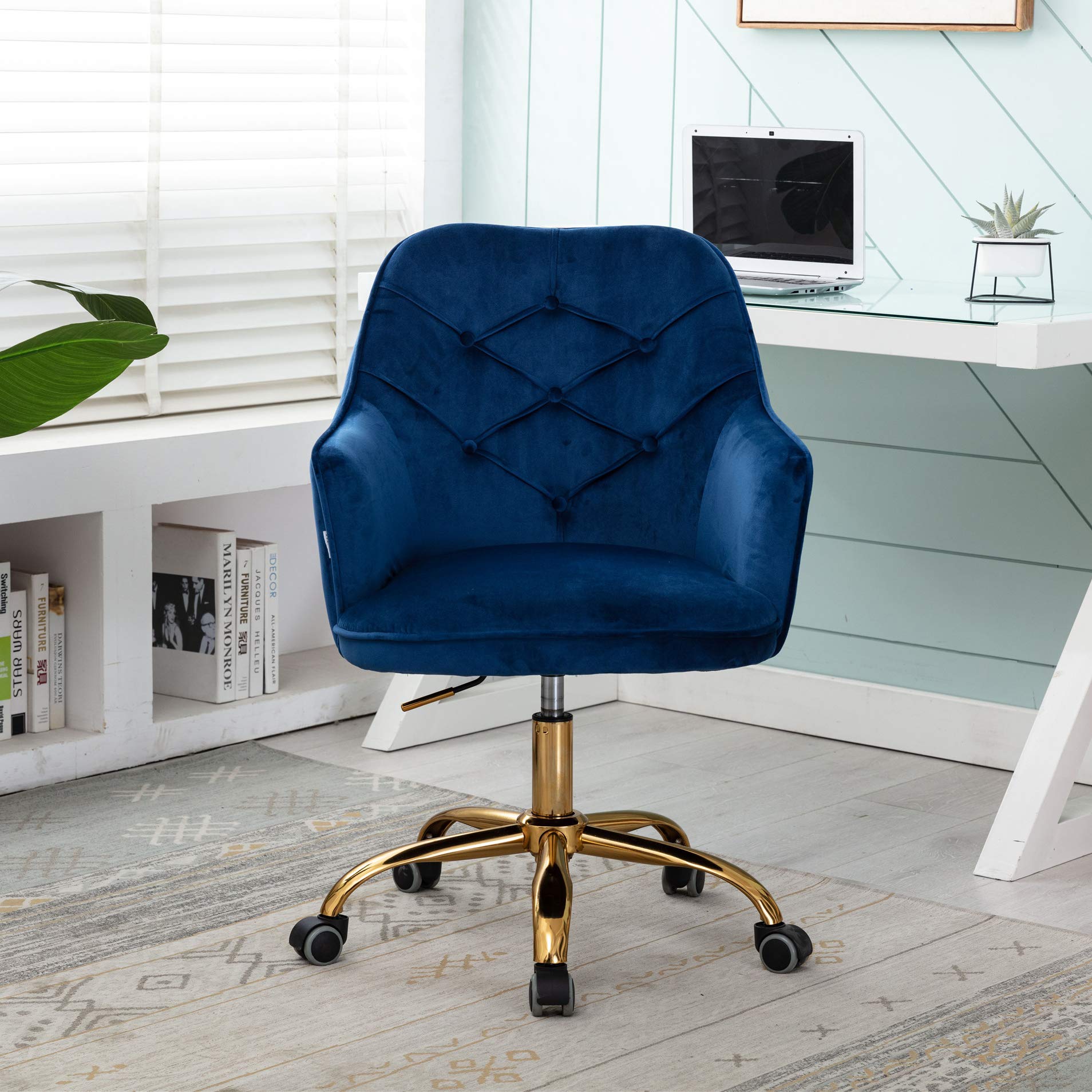 Premium Velvet Home Office Chair - Adjustable Swivel Desk Chair with Ergonomic Support, Modern Upholstered Executive Task Chair for Workstation, Vanity or Study Room (Navy Blue & Gold Accent) - Perfect for Remote Work, Gaming Setup or Makeup Station