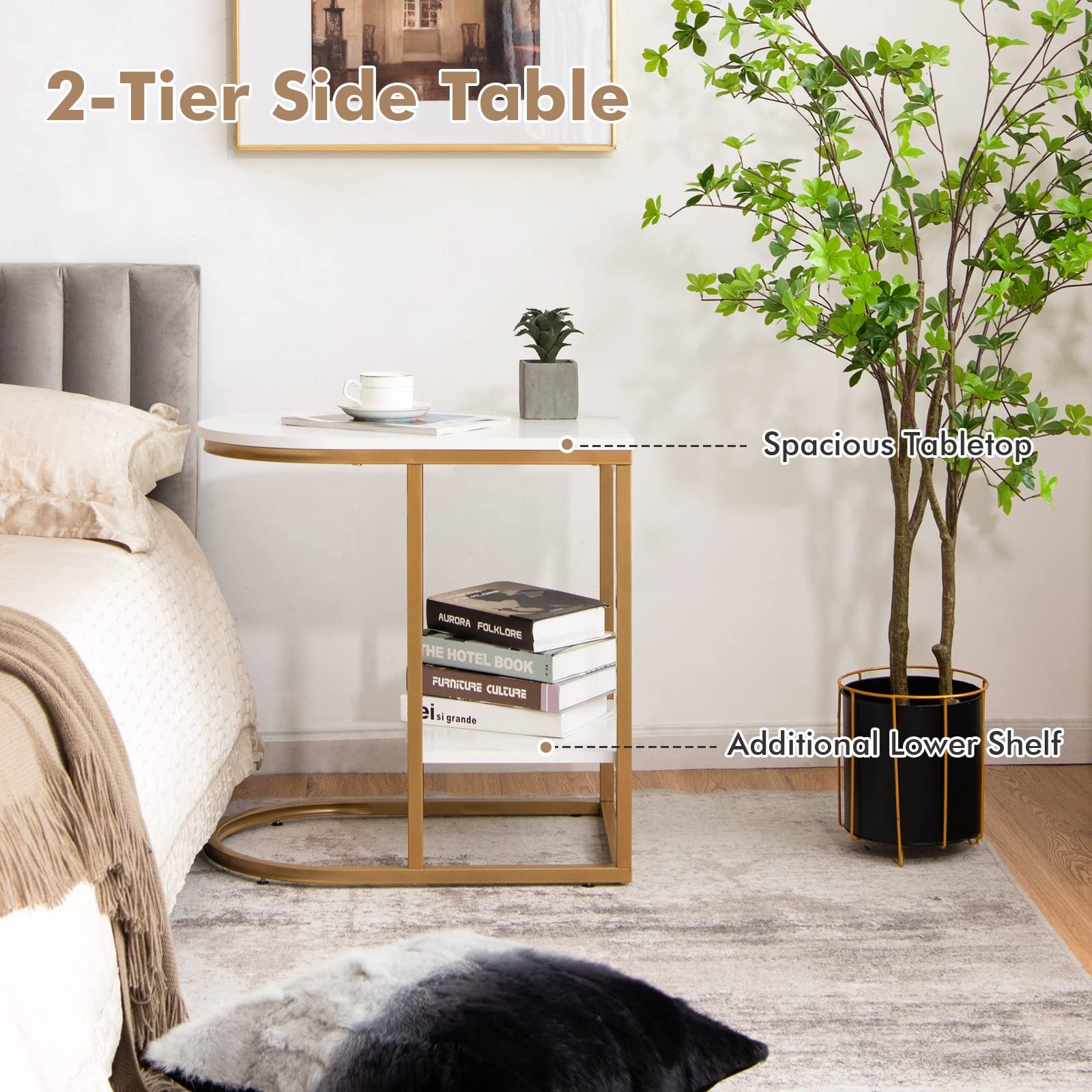 Giantex 2-Piece C-Shape Side Table Set - 2-Tier Faux Marble End Table with Storage Shelf & Sturdy Metal Frame, Sliding Sofa Table for Living Room, Bedroom Nightstand (White & Gold) | Perfect for Small Spaces, Apartment Decor & Coffee Table Alternative